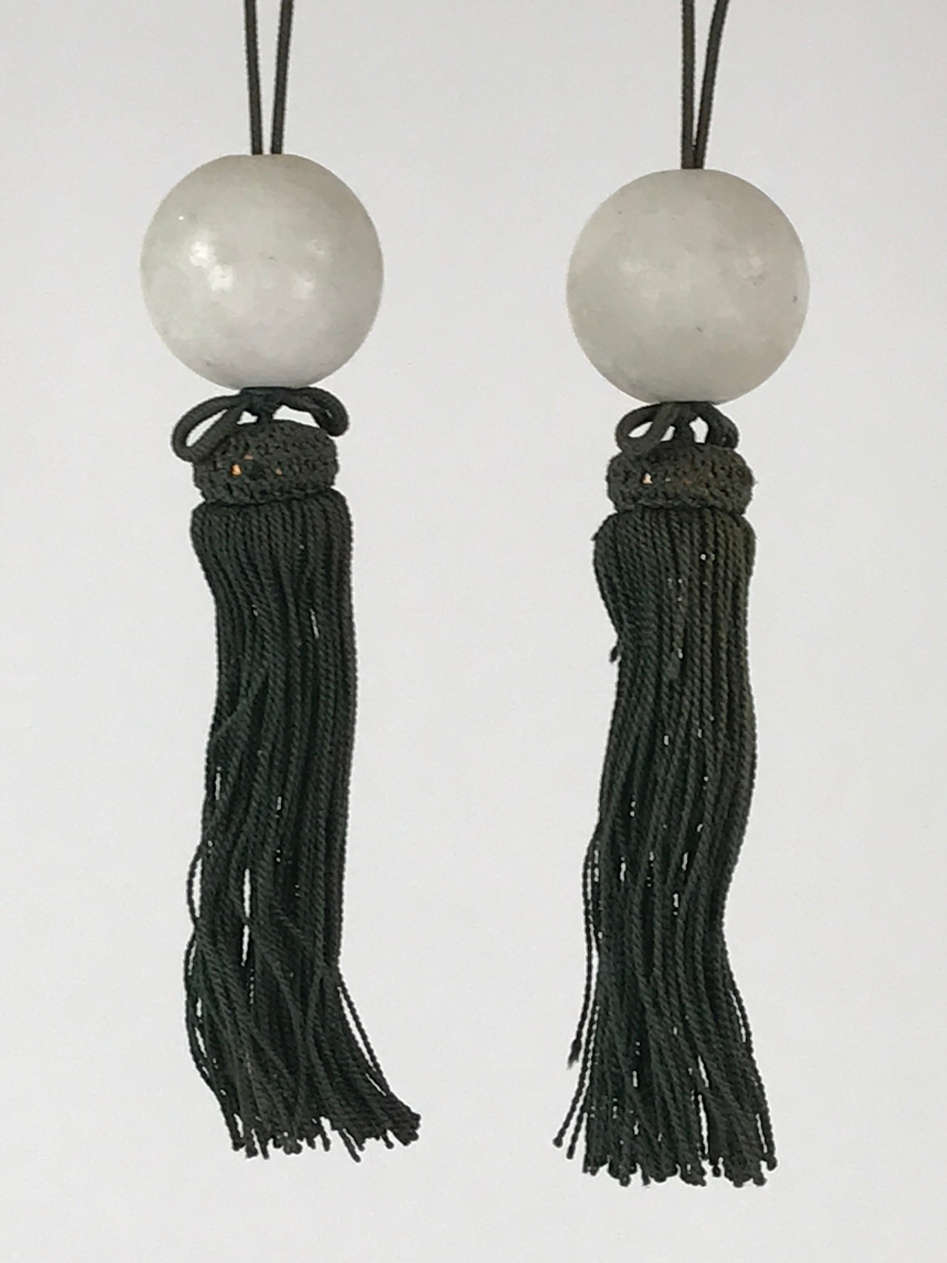 Japanese Hanging Scroll Weights Vtg Fuchin Marble Stone Green Tassel FC303