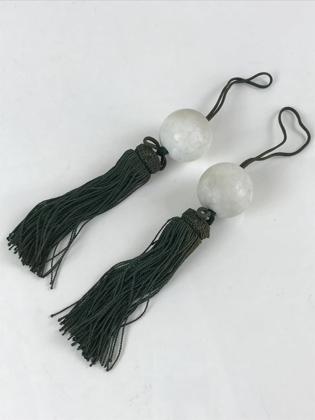 Japanese Hanging Scroll Weights Vtg Fuchin Marble Stone Green Tassel FC303