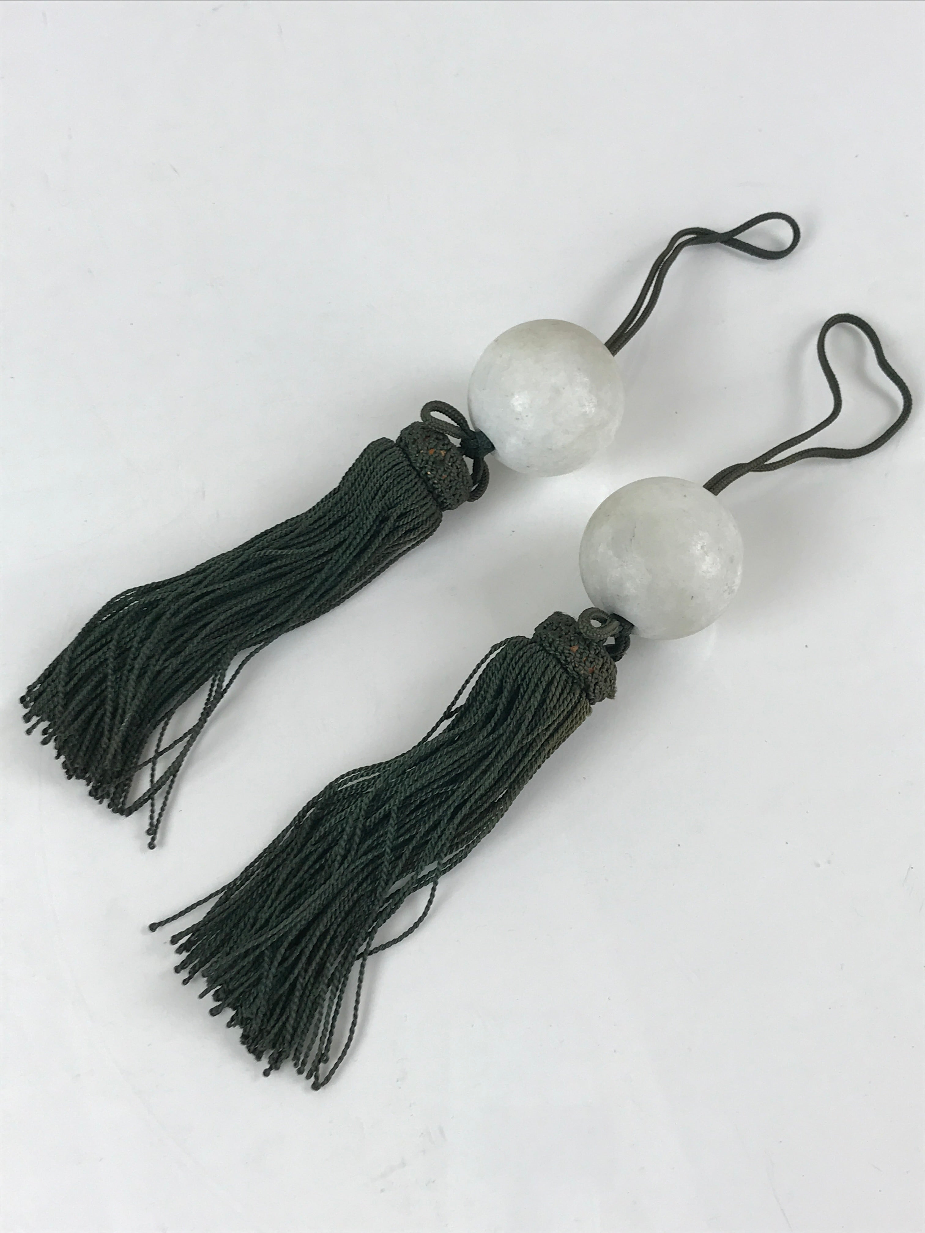 Japanese Hanging Scroll Weights Vtg Fuchin Marble Stone Green Tassel FC303