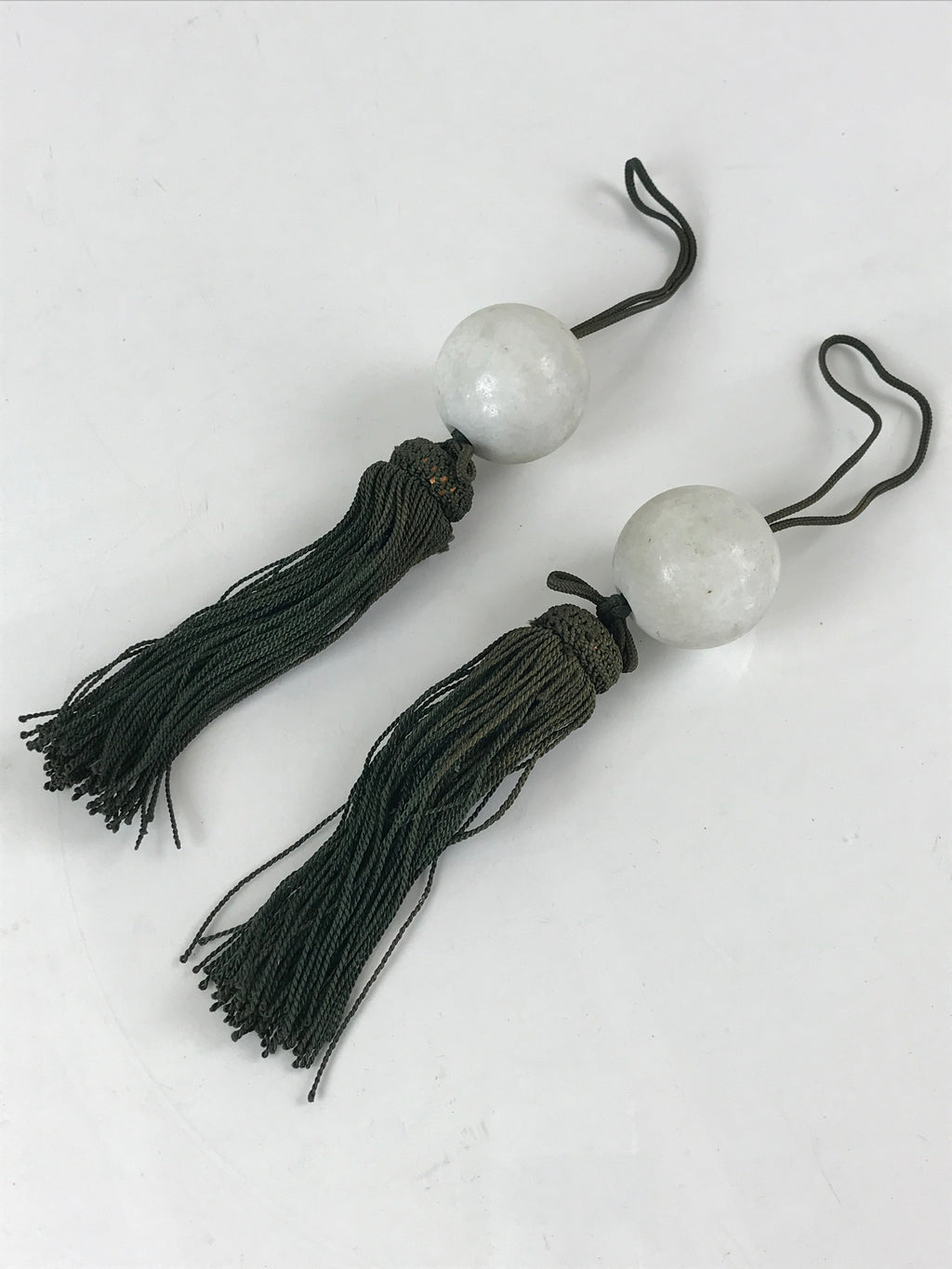 Japanese Hanging Scroll Weights Vtg Fuchin Marble Stone Green Tassel FC303