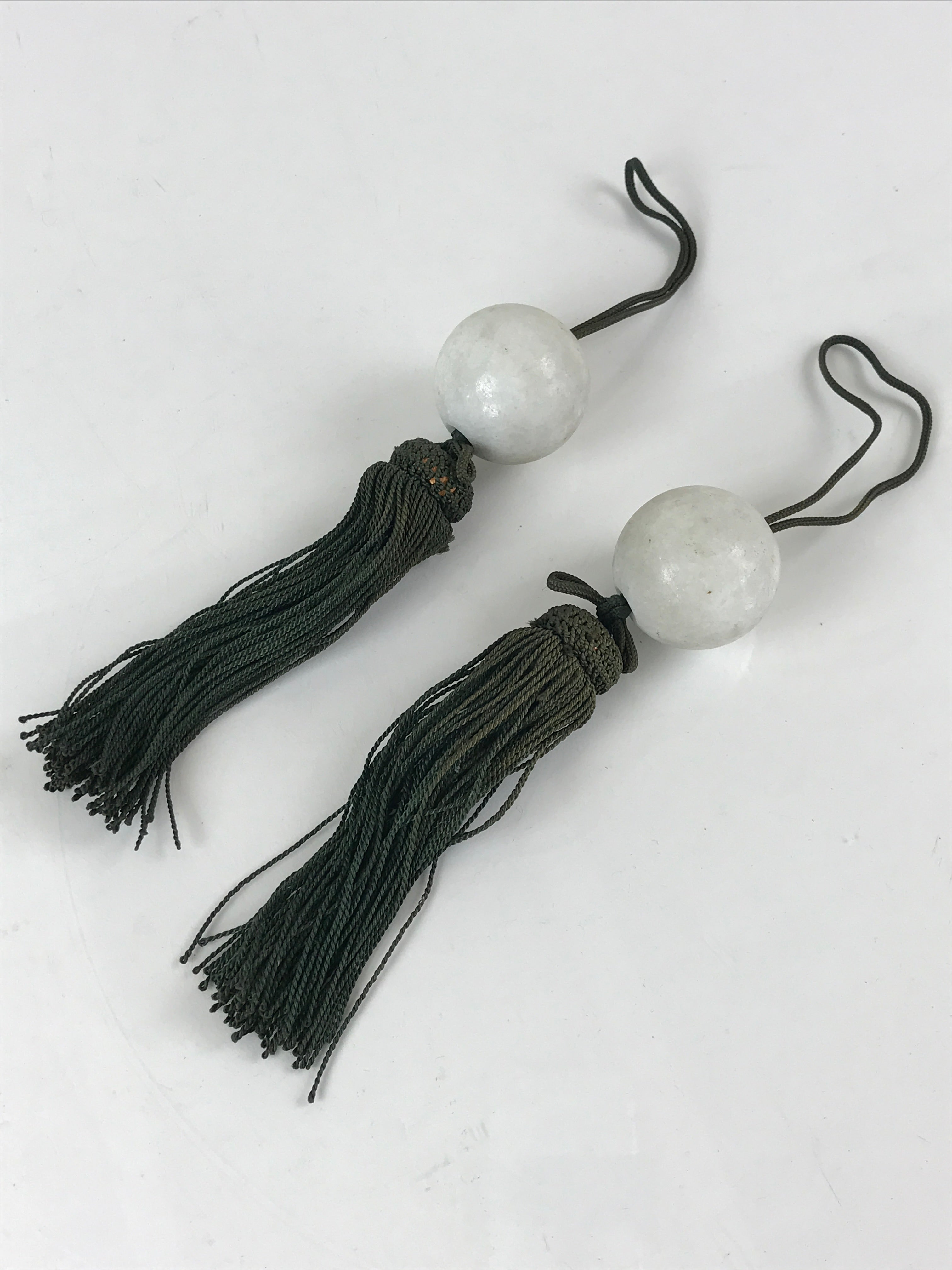 Japanese Hanging Scroll Weights Vtg Fuchin Marble Stone Green Tassel FC303
