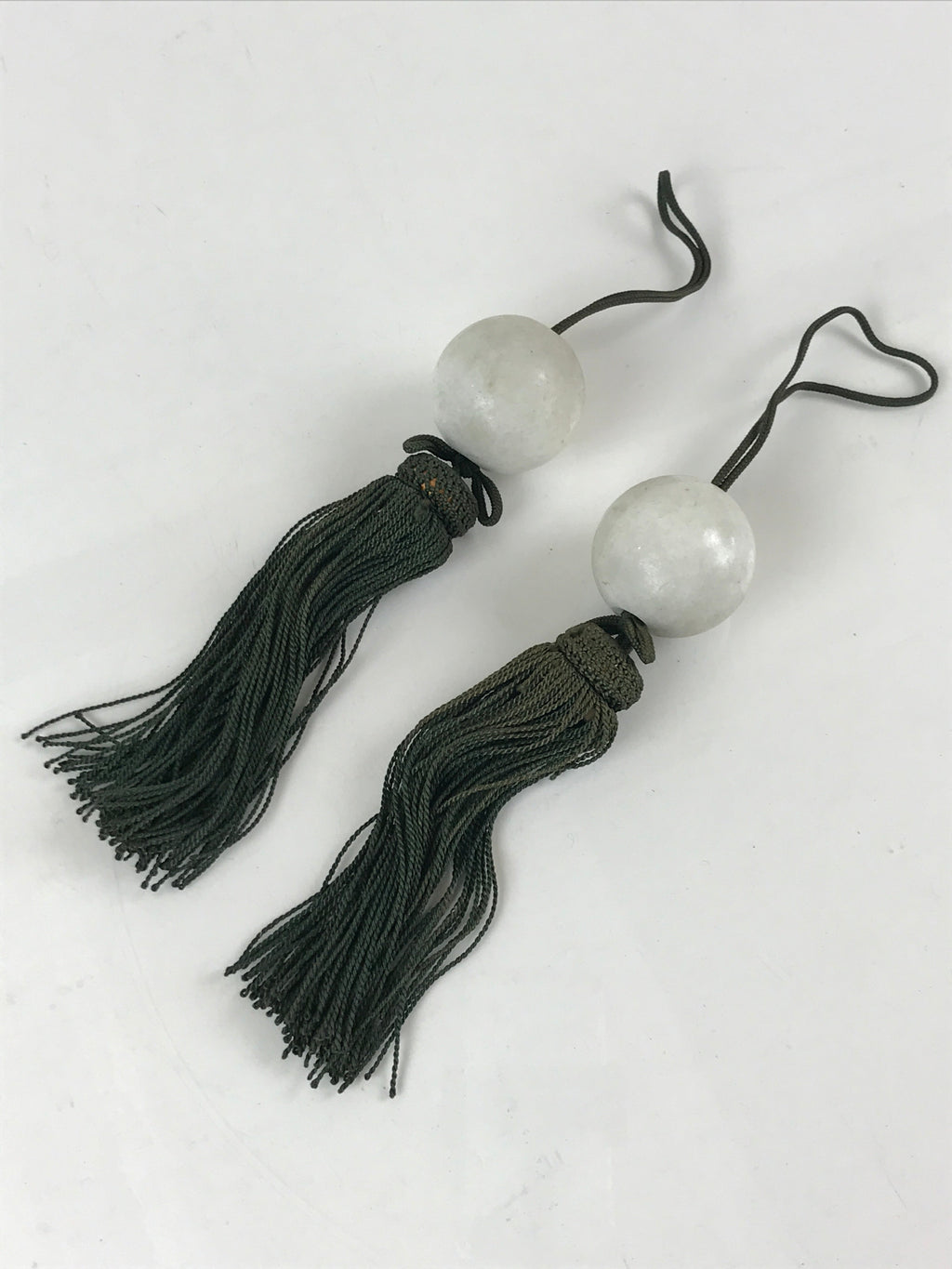 Japanese Hanging Scroll Weights Vtg Fuchin Marble Stone Green Tassel FC303
