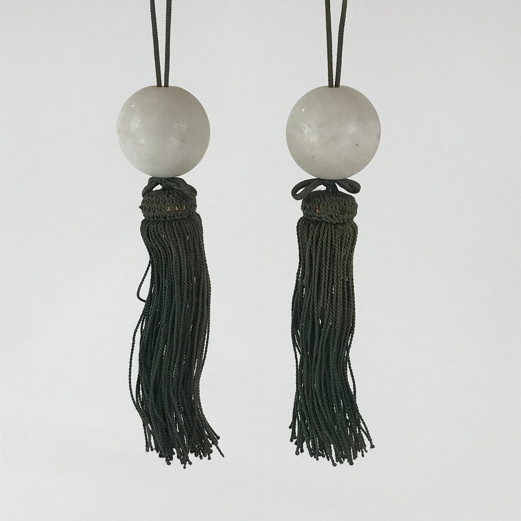 Japanese Hanging Scroll Weights Vtg Fuchin Marble Stone Green Tassel FC303