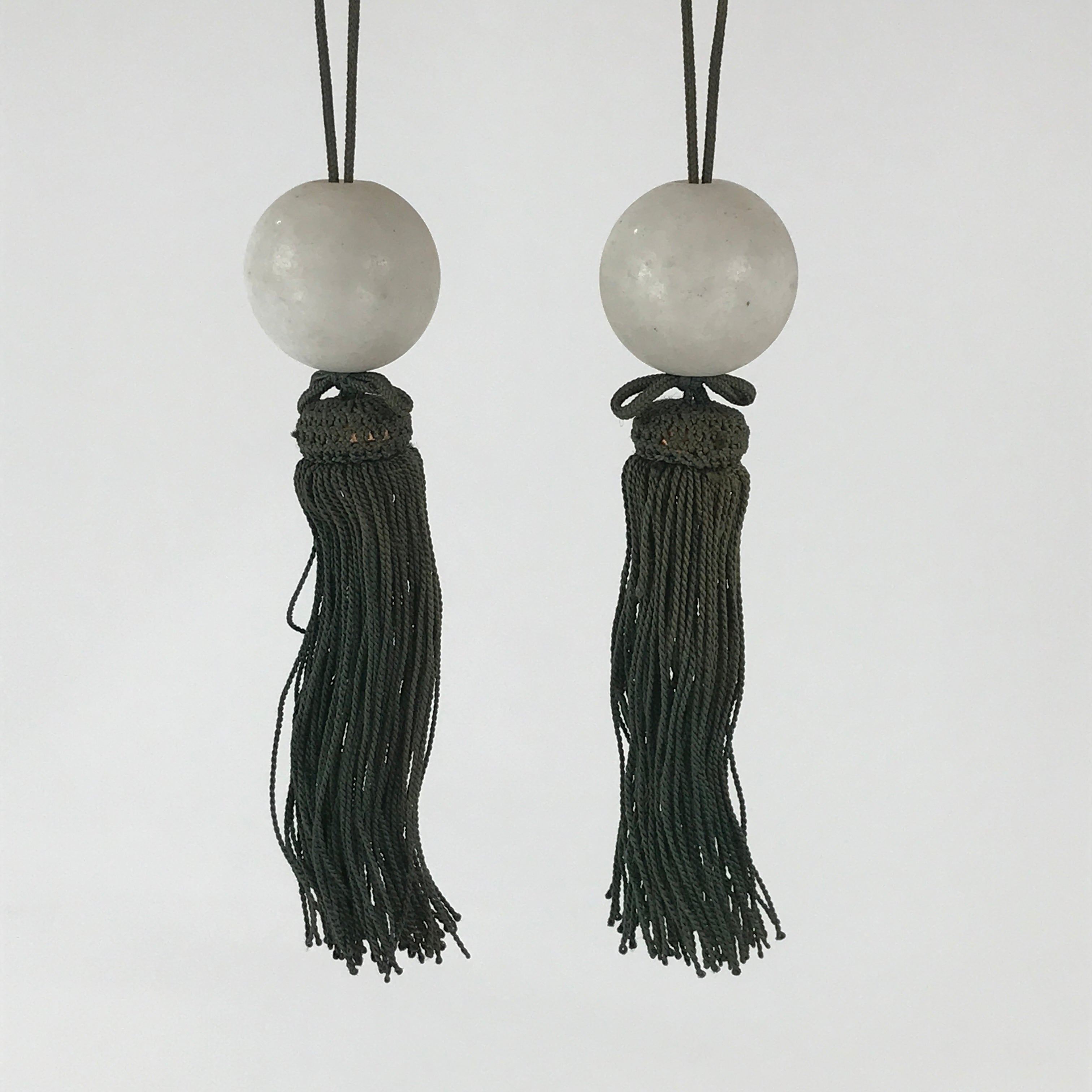 Japanese Hanging Scroll Weights Vtg Fuchin Marble Stone Green Tassel FC303