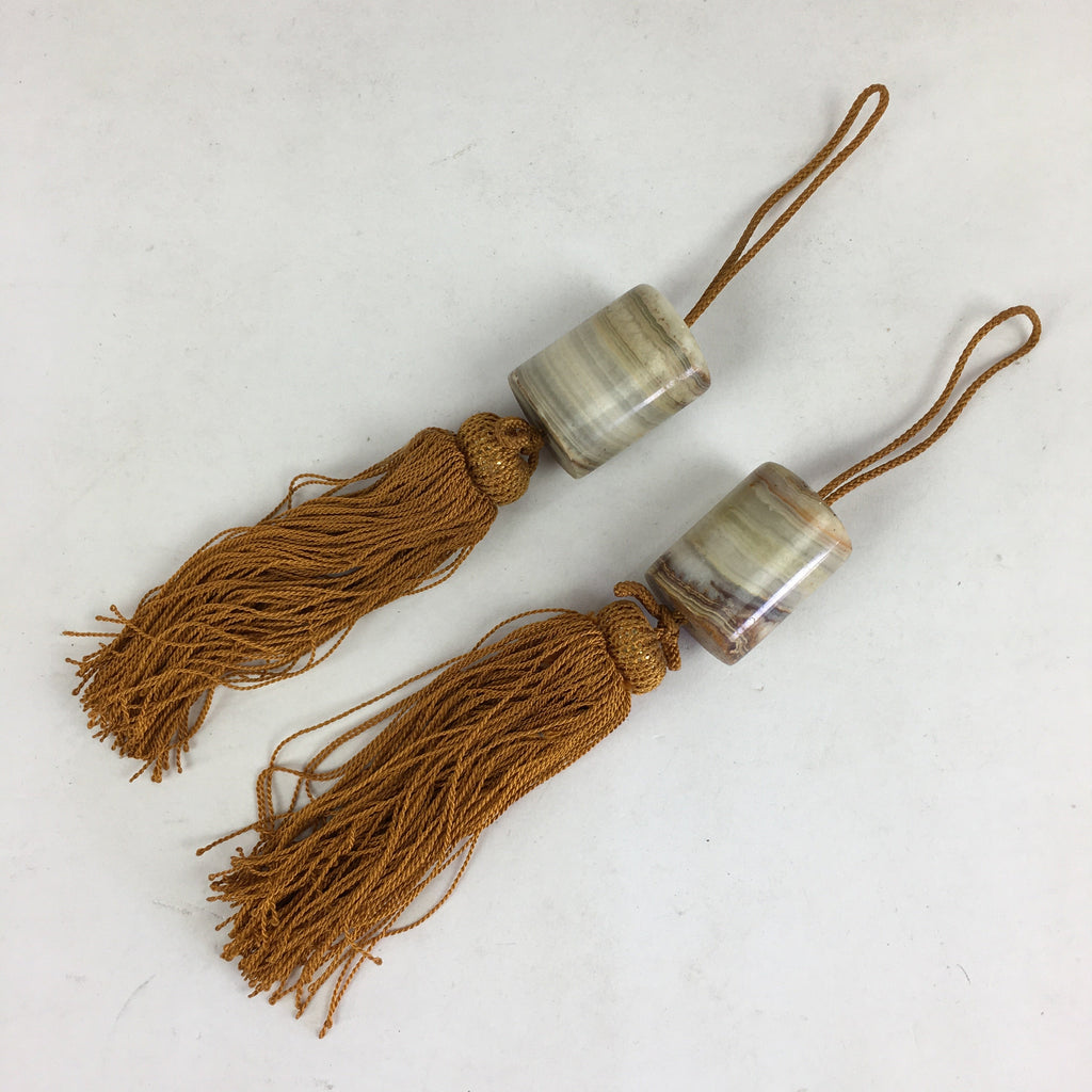 Japanese Hanging Scroll Weights Vtg Fuchin Marble Stone Orange Tassel FC272