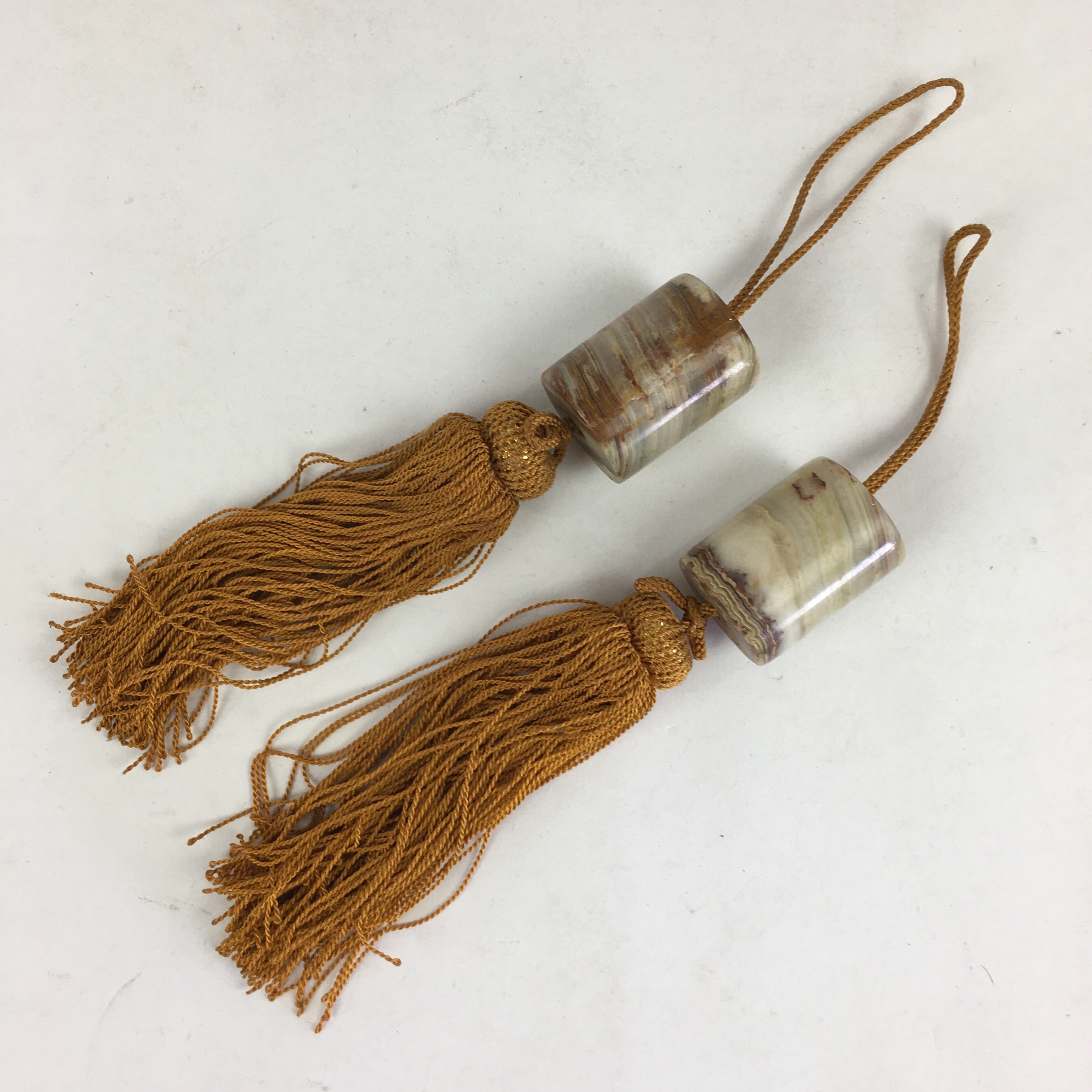 Japanese Hanging Scroll Weights Vtg Fuchin Marble Stone Orange Tassel FC272