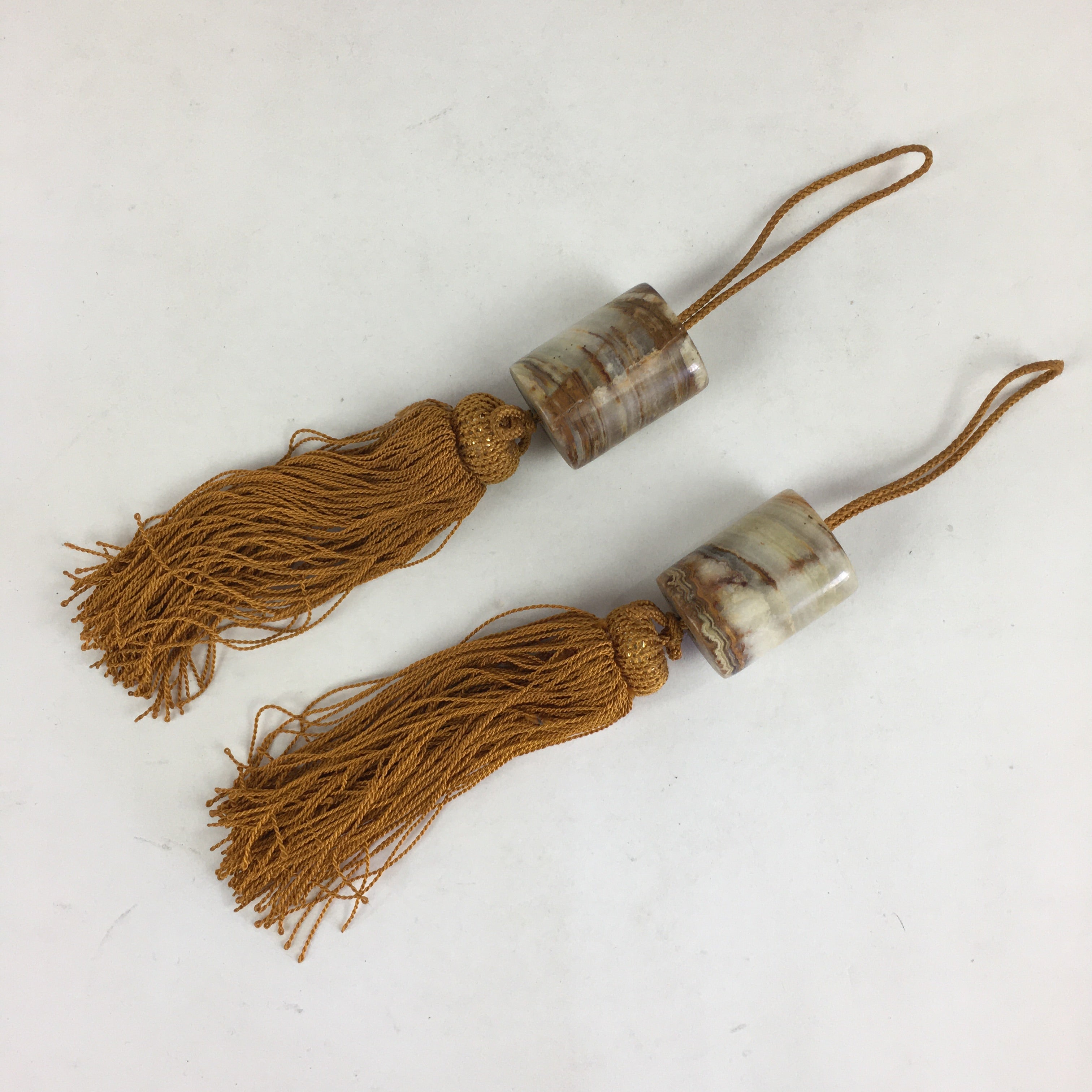 Japanese Hanging Scroll Weights Vtg Fuchin Marble Stone Orange Tassel FC272