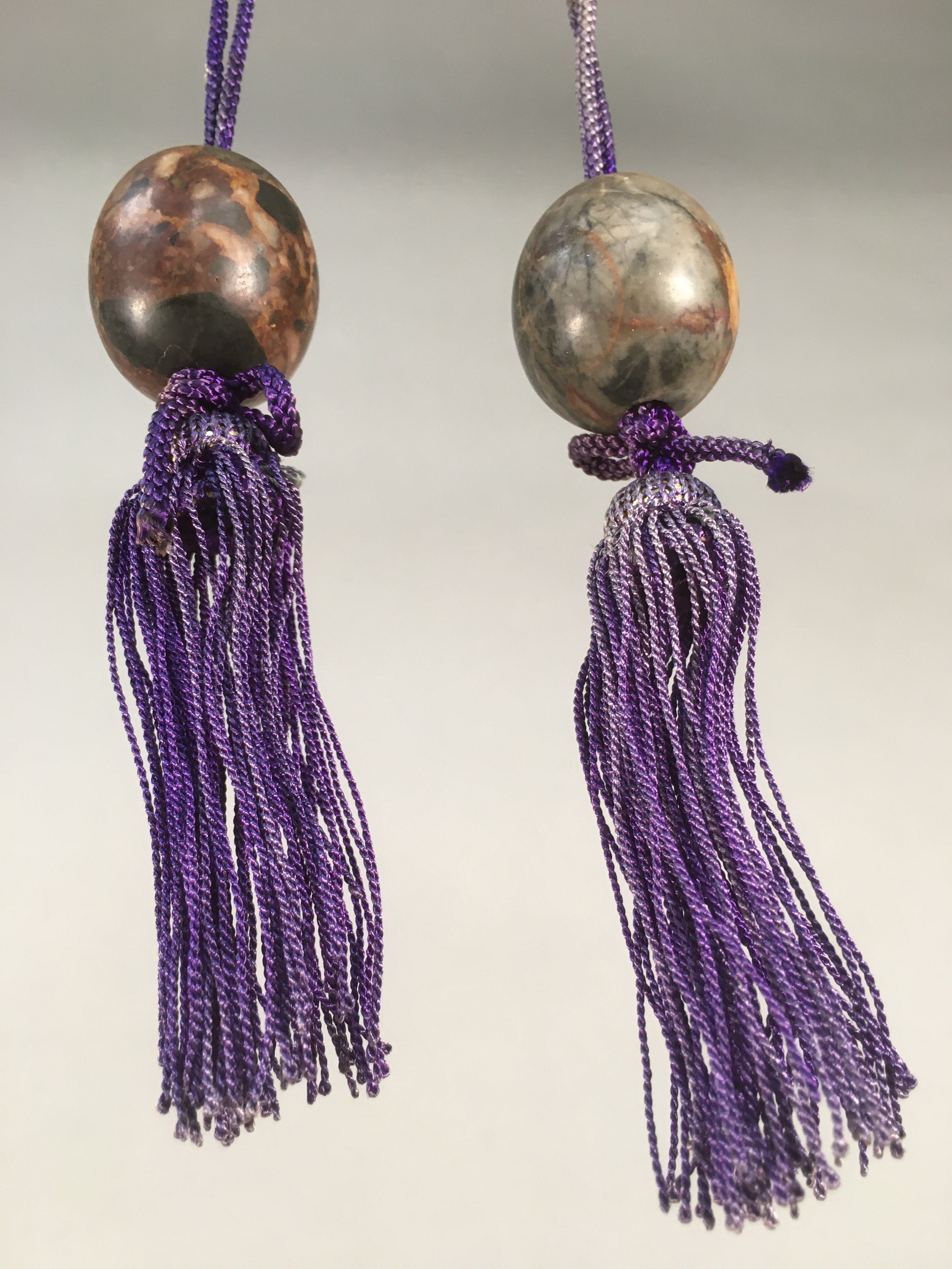 Japanese Hanging Scroll Weights Vtg Fuchin Marble Stone Purple Tassel FC267