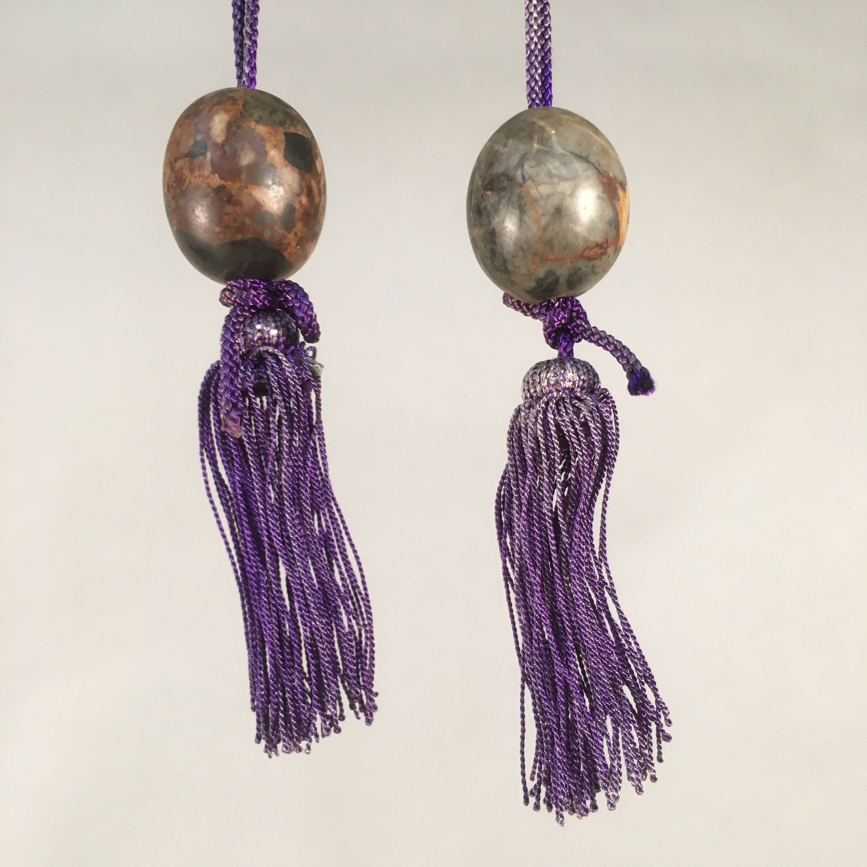 Japanese Hanging Scroll Weights Vtg Fuchin Marble Stone Purple Tassel FC267