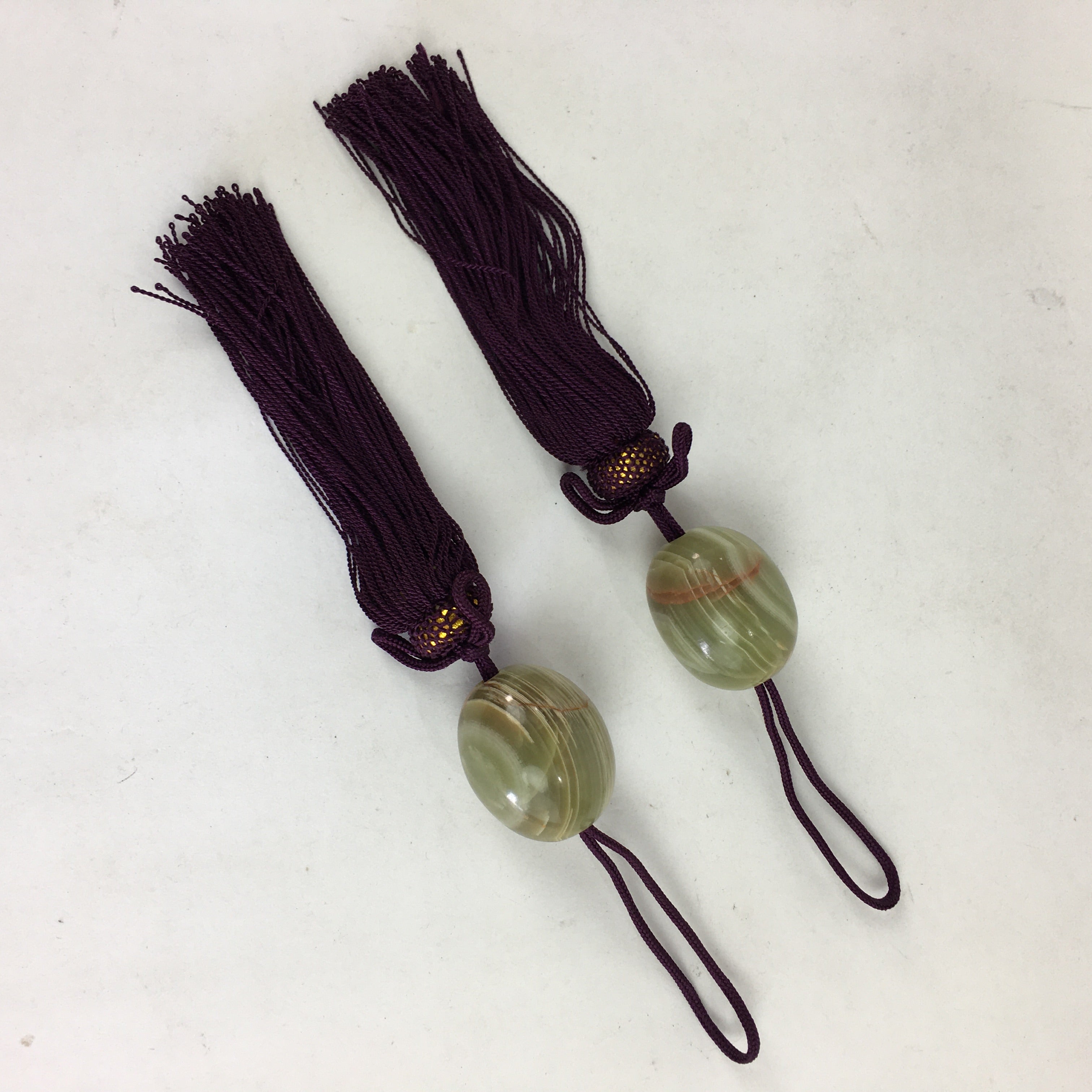 Japanese Hanging Scroll Weights Vtg Fuchin Marble Stone Purple Tassel FC281