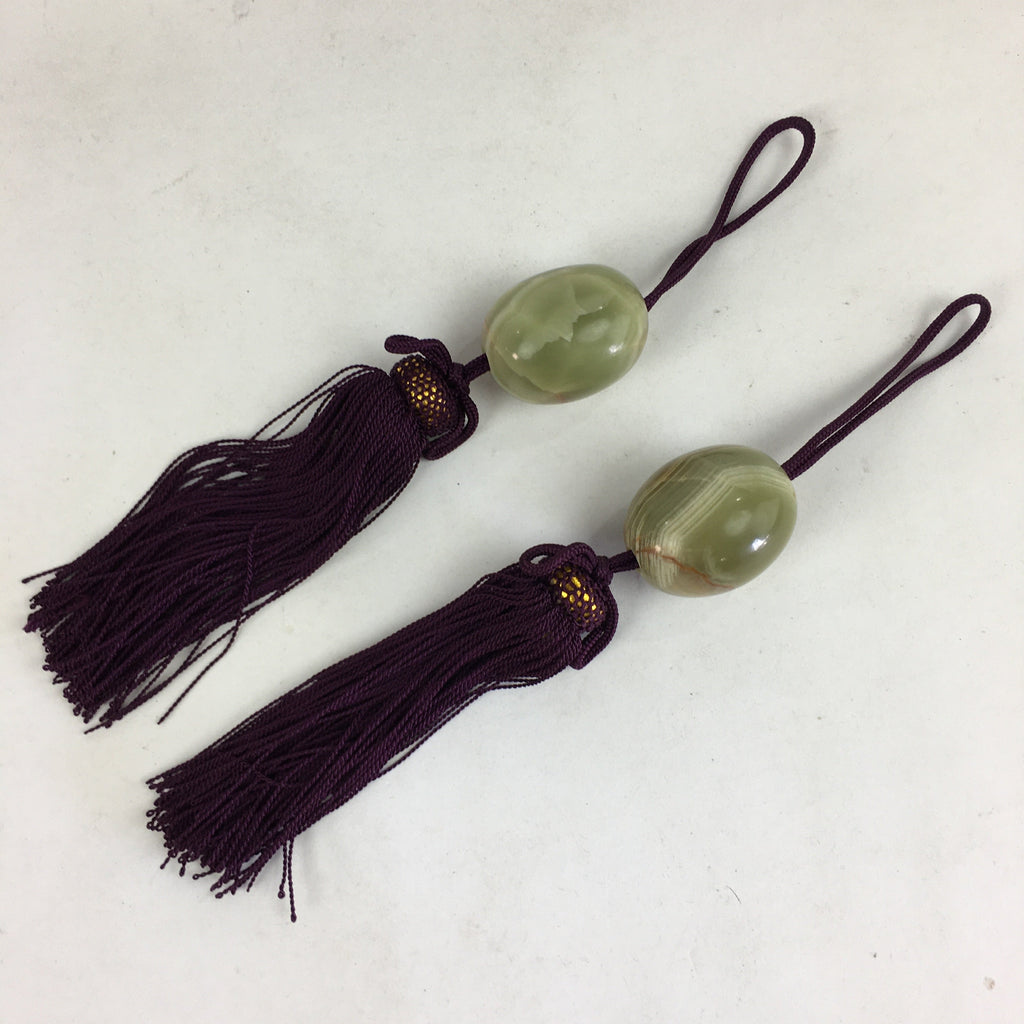 Japanese Hanging Scroll Weights Vtg Fuchin Marble Stone Purple Tassel FC281
