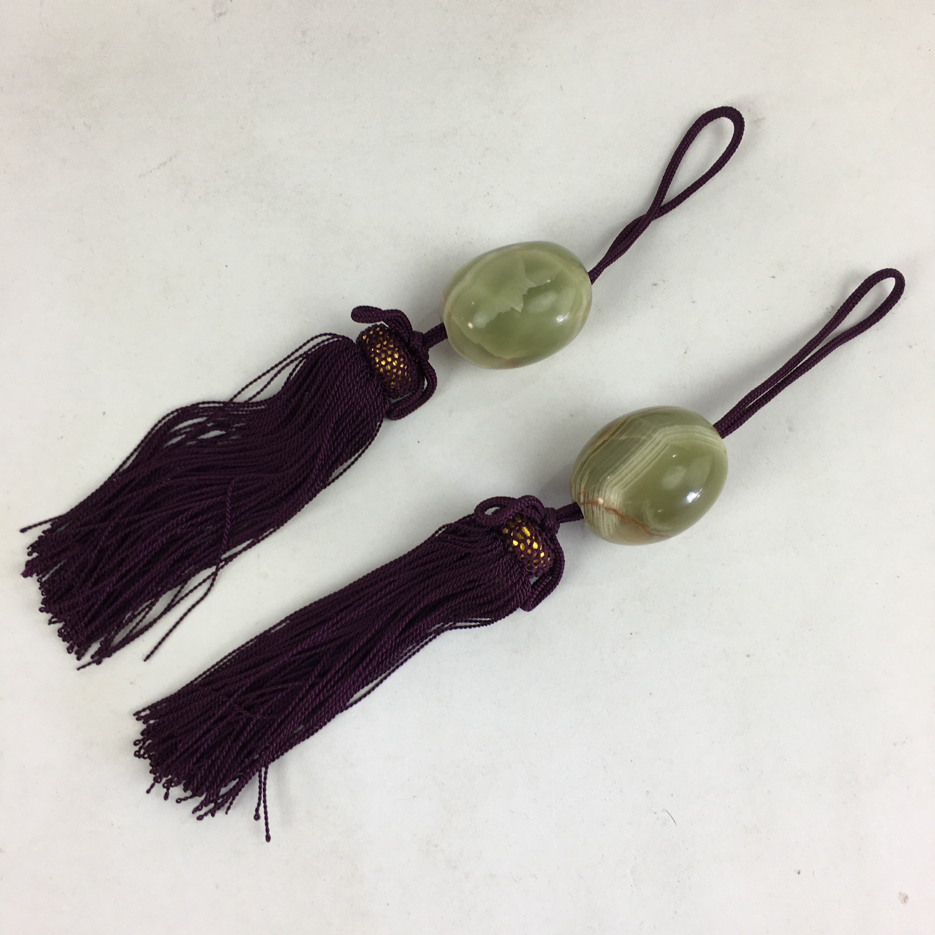 Japanese Hanging Scroll Weights Vtg Fuchin Marble Stone Purple Tassel FC281
