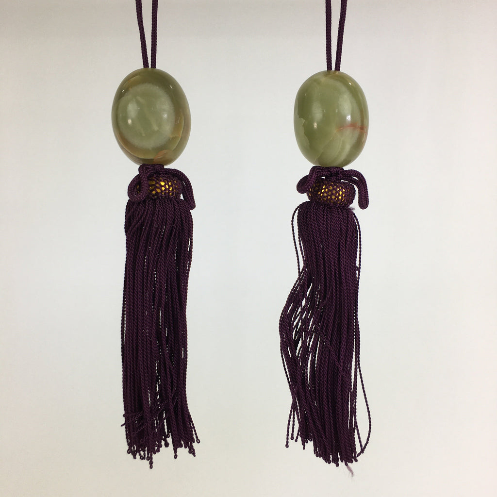 Japanese Hanging Scroll Weights Vtg Fuchin Marble Stone Purple Tassel FC281
