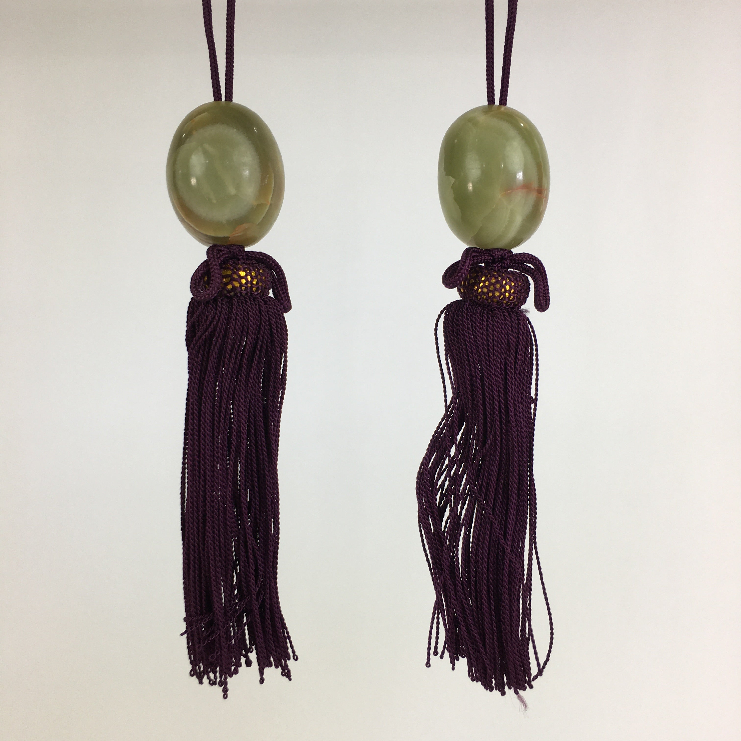 Japanese Hanging Scroll Weights Vtg Fuchin Marble Stone Purple Tassel FC281