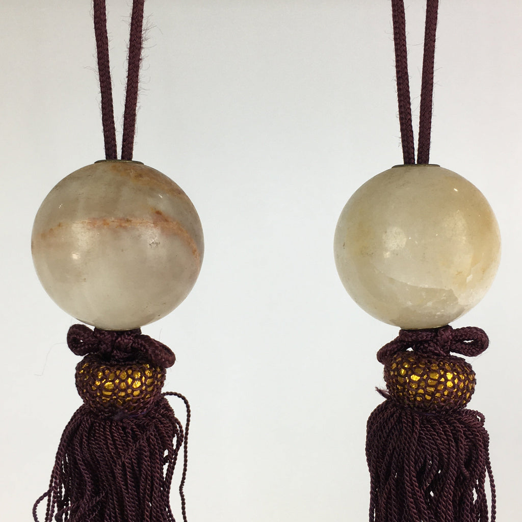 Japanese Hanging Scroll Weights Vtg Fuchin Marble Stone Purple Tassel FC283