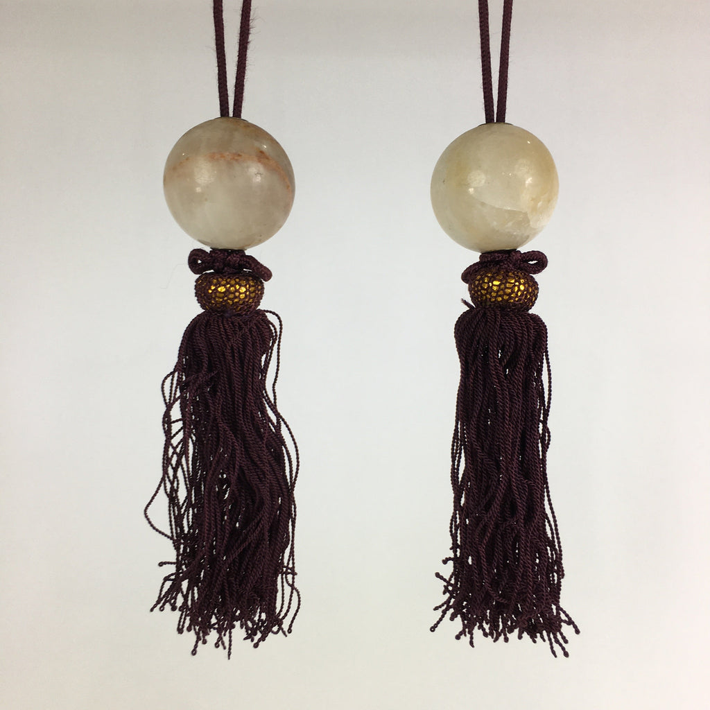 Japanese Hanging Scroll Weights Vtg Fuchin Marble Stone Purple Tassel FC283