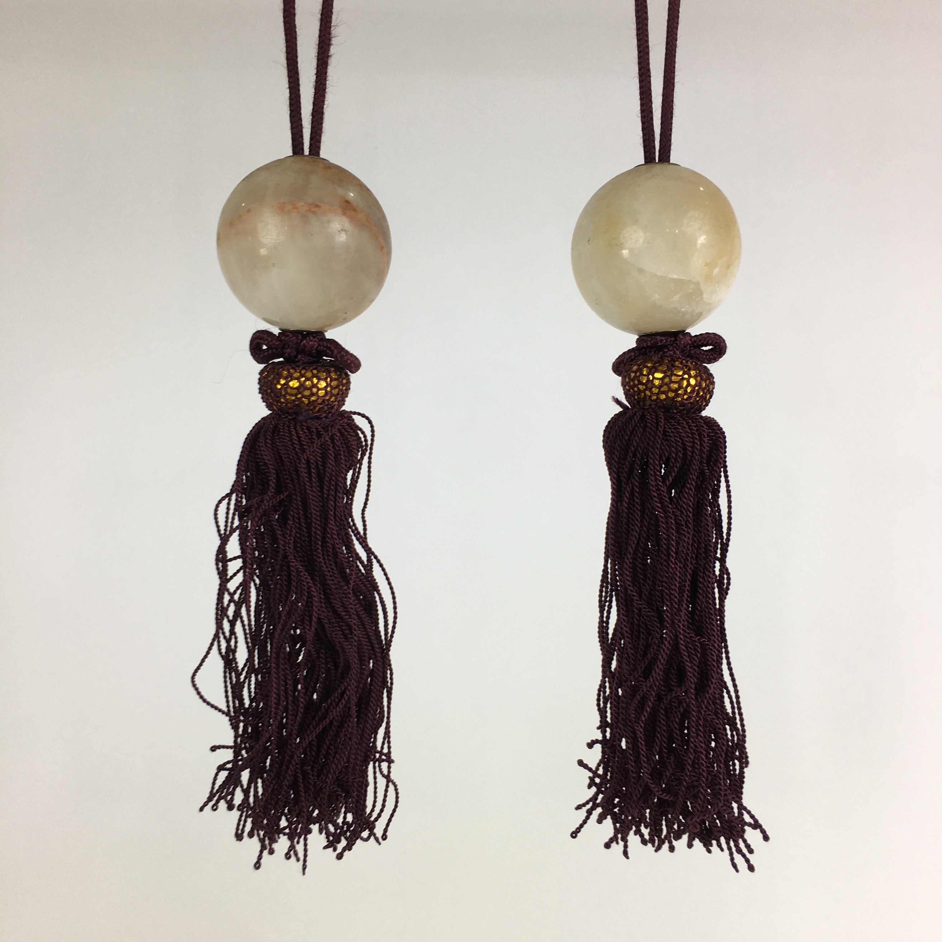 Japanese Hanging Scroll Weights Vtg Fuchin Marble Stone Purple Tassel FC283