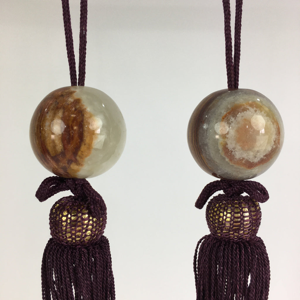 Japanese Hanging Scroll Weights Vtg Fuchin Marble Stone Purple Tassel FC284