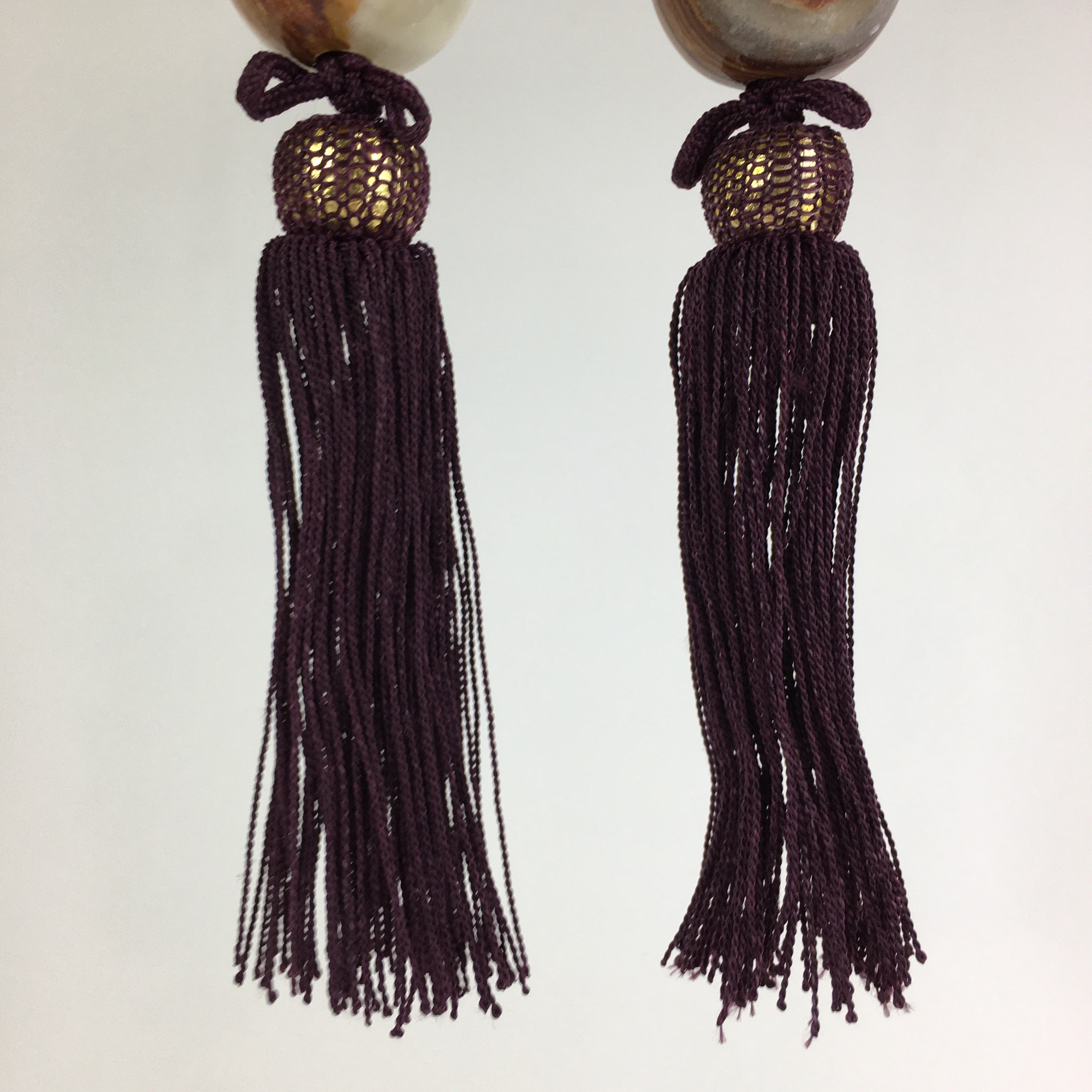 Japanese Hanging Scroll Weights Vtg Fuchin Marble Stone Purple Tassel FC284