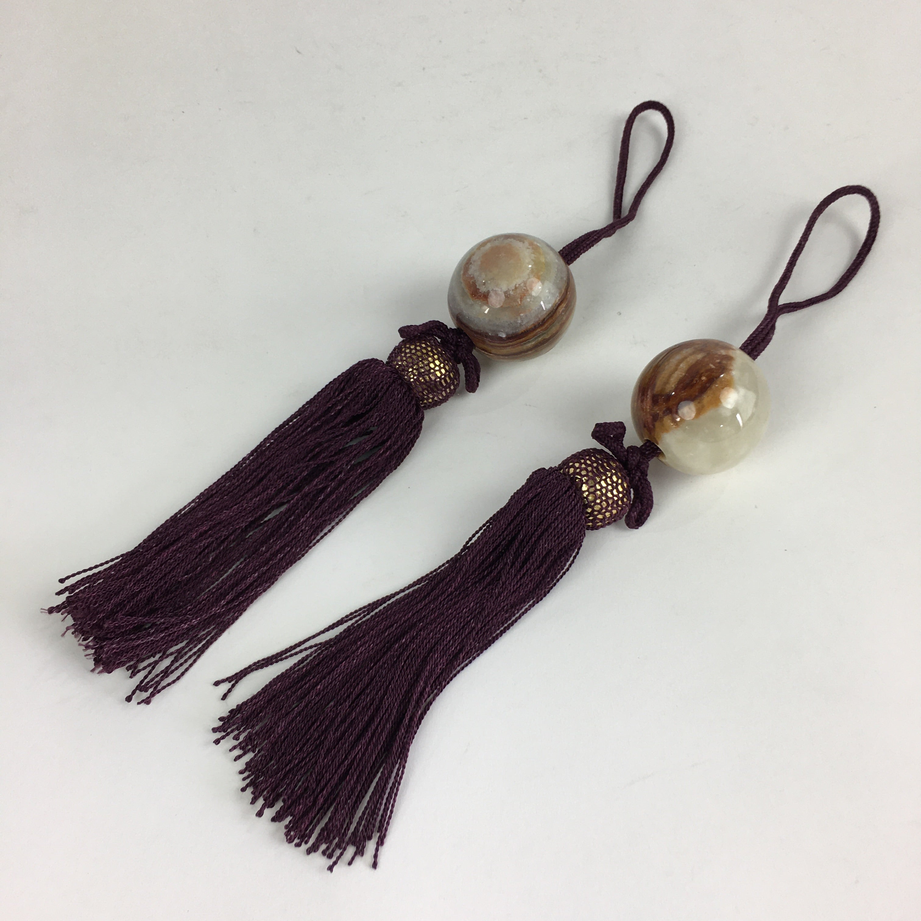 Japanese Hanging Scroll Weights Vtg Fuchin Marble Stone Purple Tassel FC284