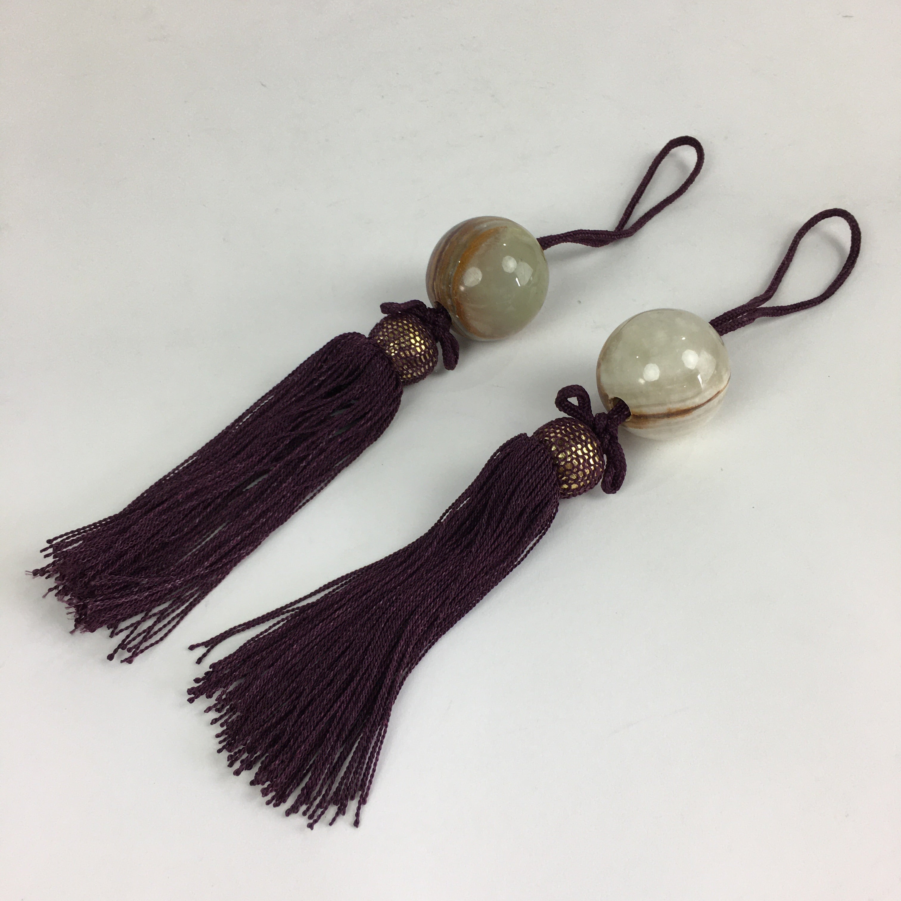 Japanese Hanging Scroll Weights Vtg Fuchin Marble Stone Purple Tassel FC284