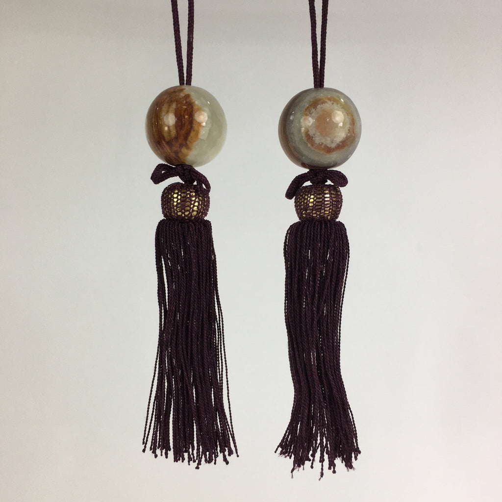 Japanese Hanging Scroll Weights Vtg Fuchin Marble Stone Purple Tassel FC284