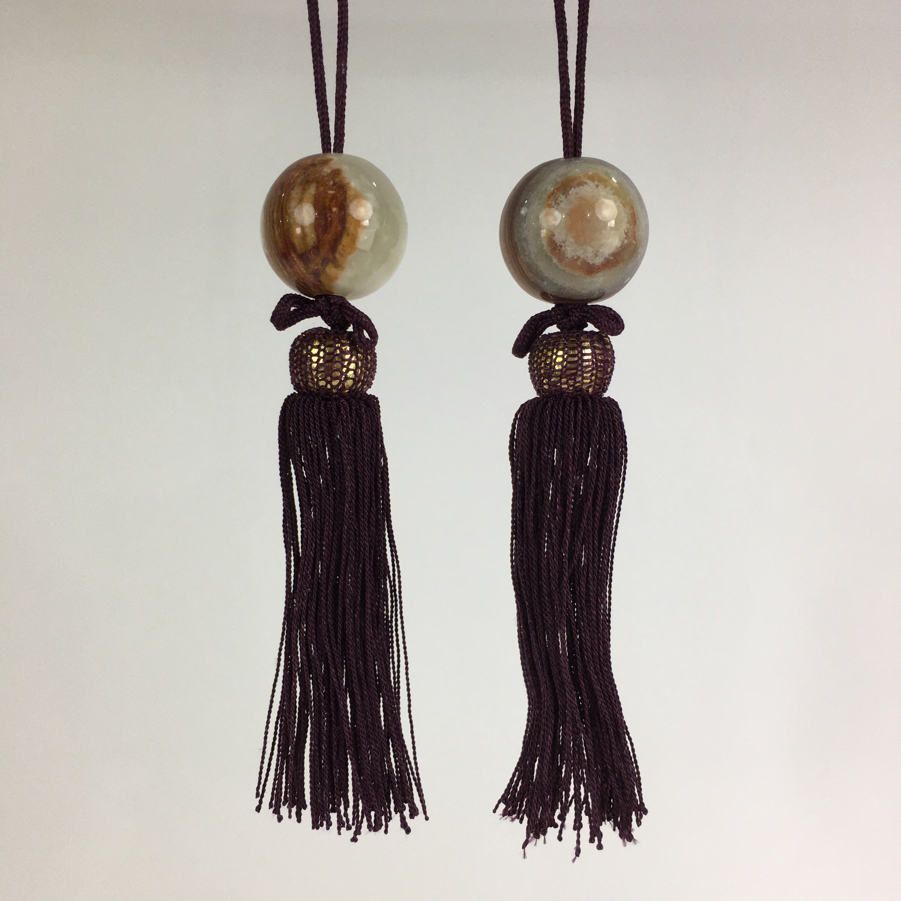 Japanese Hanging Scroll Weights Vtg Fuchin Marble Stone Purple Tassel FC284