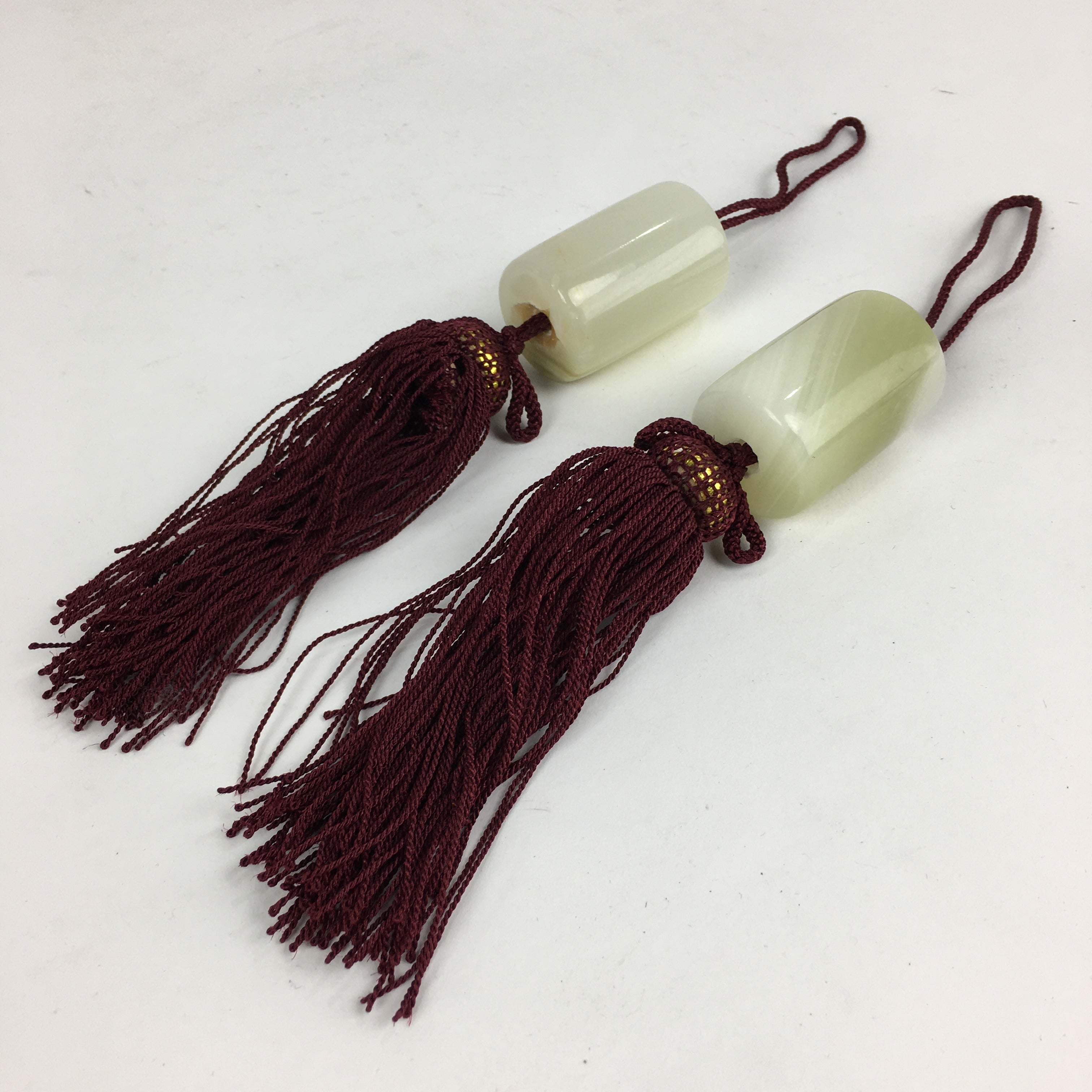 Japanese Hanging Scroll Weights Vtg Fuchin Marble Stone Purple Tassel FC287