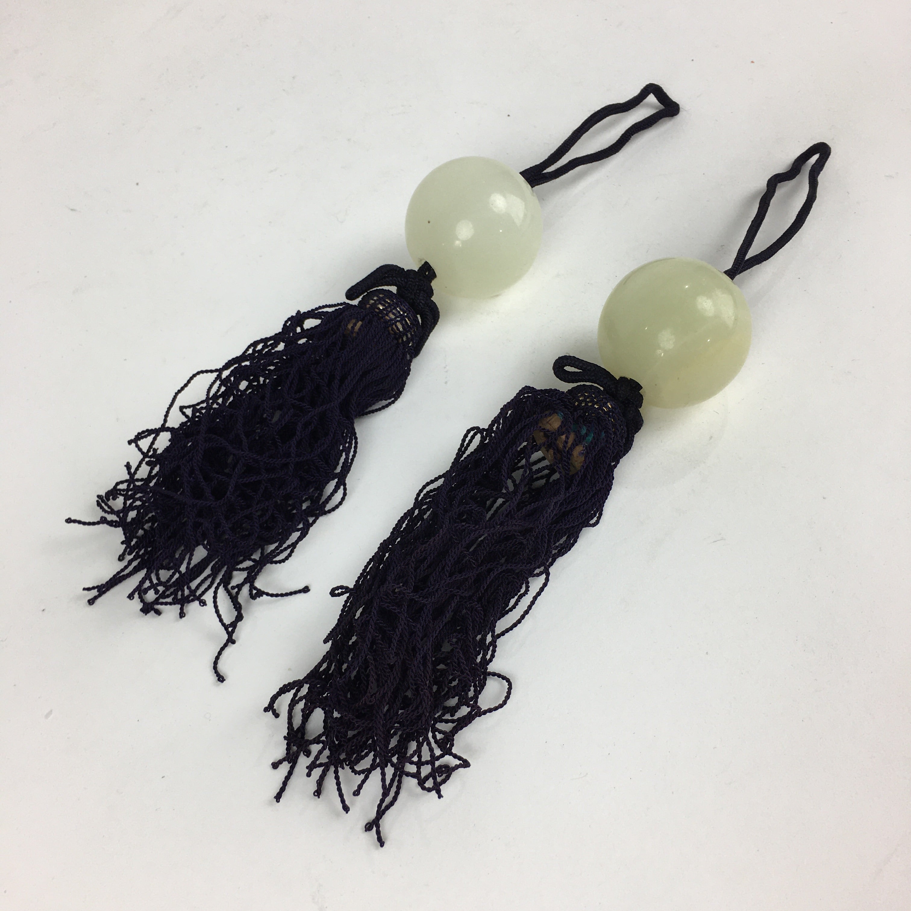 Japanese Hanging Scroll Weights Vtg Fuchin Marble Stone Purple Tassel FC295