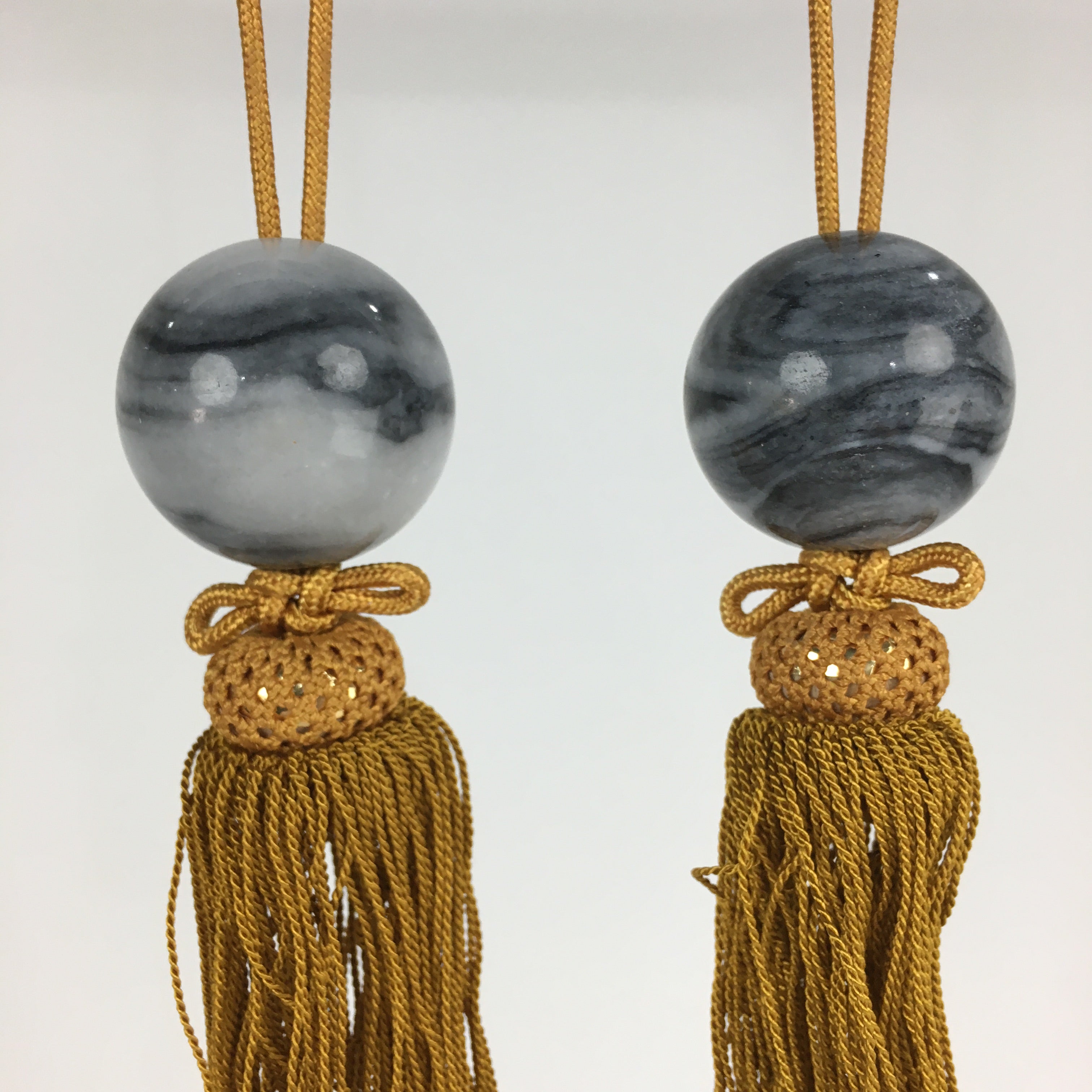 Japanese Hanging Scroll Weights Vtg Fuchin Marble Stone Yellow Tassel FC289