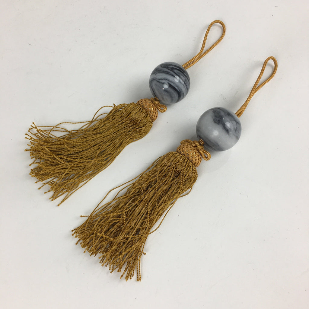 Japanese Hanging Scroll Weights Vtg Fuchin Marble Stone Yellow Tassel FC289