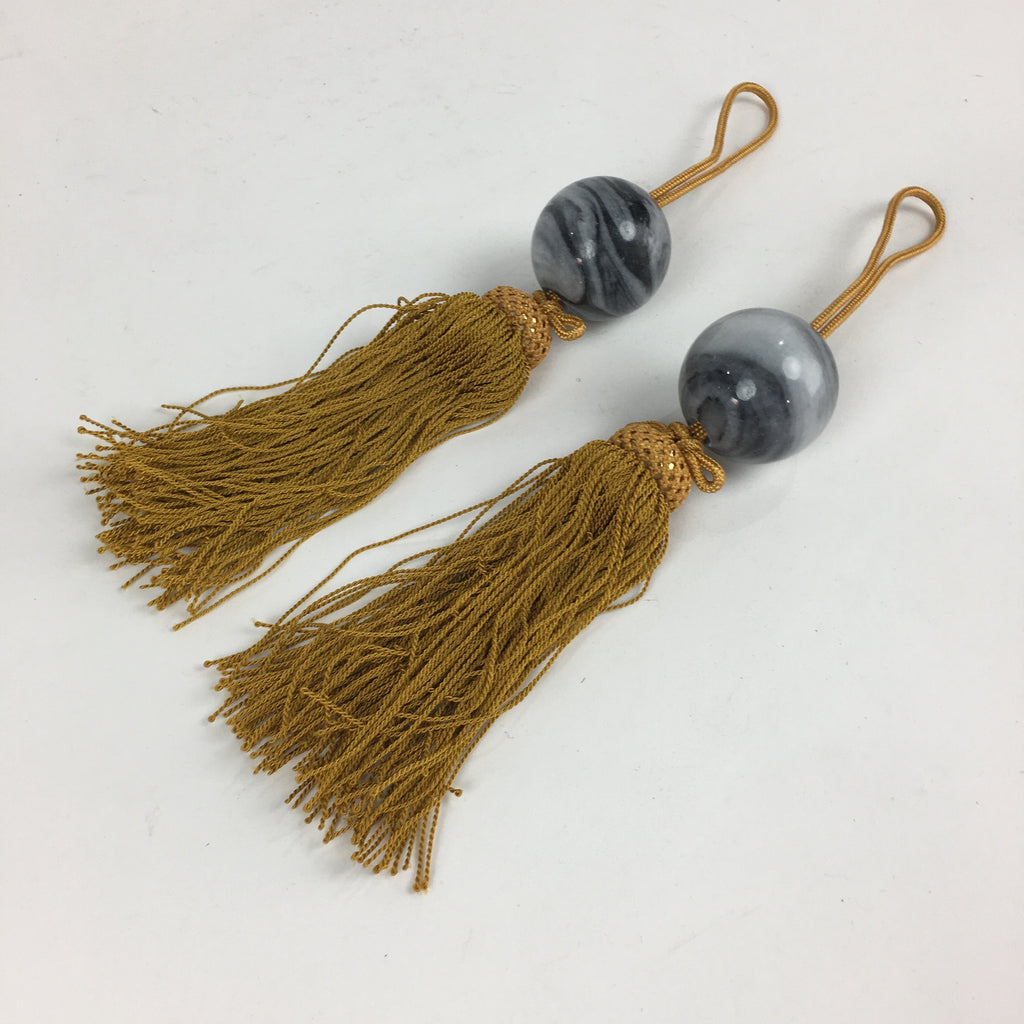 Japanese Hanging Scroll Weights Vtg Fuchin Marble Stone Yellow Tassel FC289