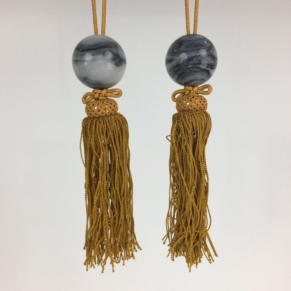 Japanese Hanging Scroll Weights Vtg Fuchin Marble Stone Yellow Tassel FC289