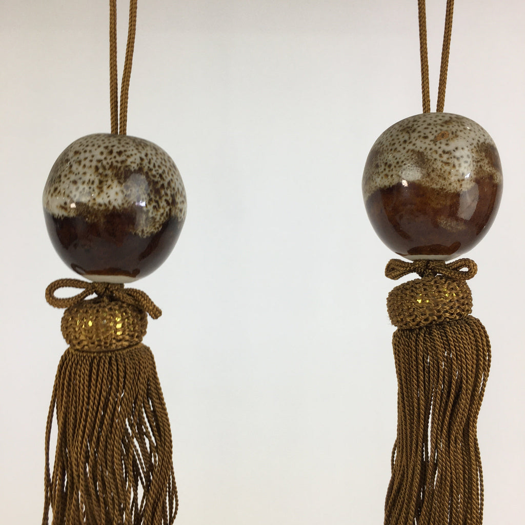 Japanese Hanging Scroll Weights Vtg Fuchin Porcelain Brown Tassel FC277