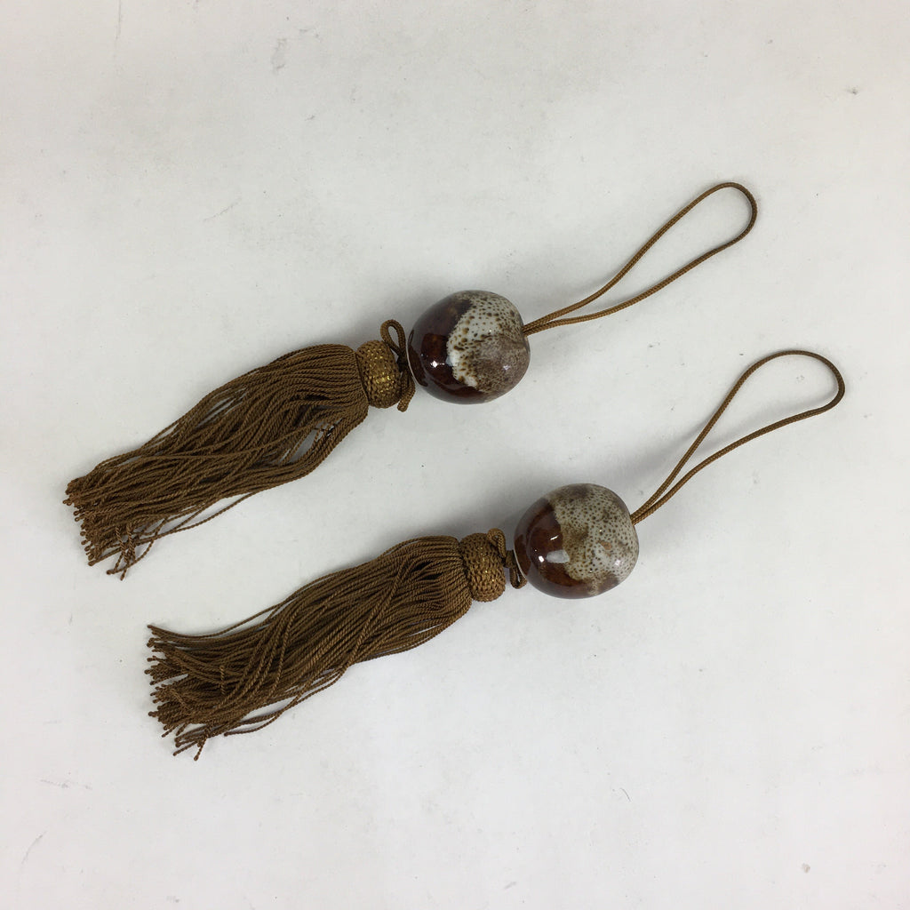 Japanese Hanging Scroll Weights Vtg Fuchin Porcelain Brown Tassel FC277