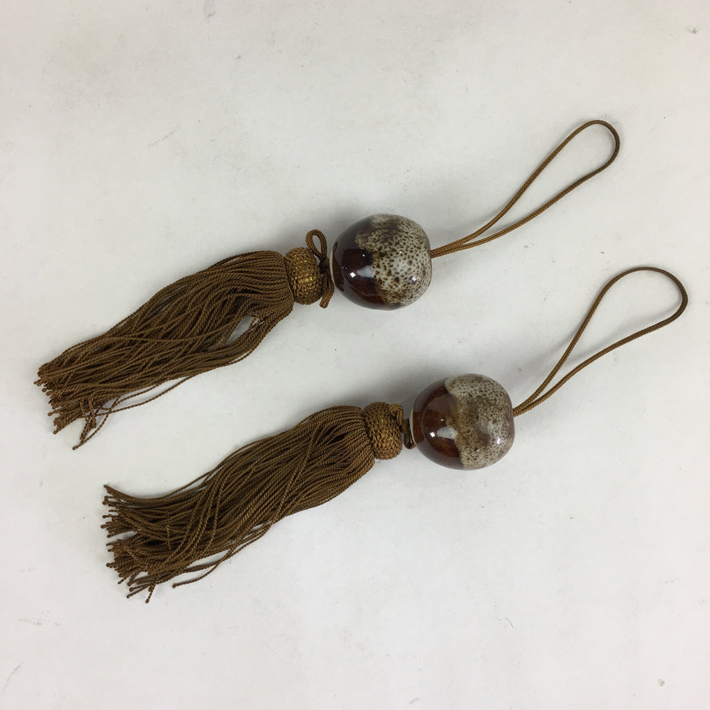 Japanese Hanging Scroll Weights Vtg Fuchin Porcelain Brown Tassel FC277