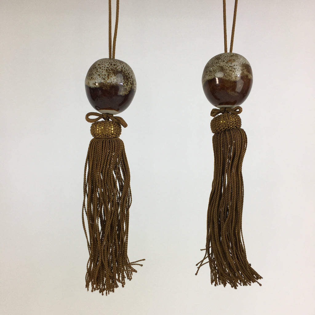 Japanese Hanging Scroll Weights Vtg Fuchin Porcelain Brown Tassel FC277