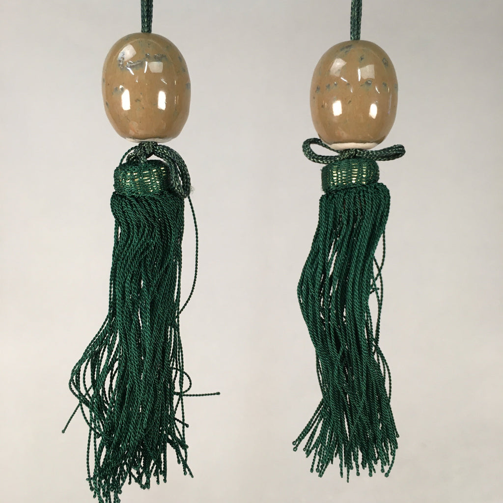 Japanese Hanging Scroll Weights Vtg Fuchin Porcelain Green Tassel FC255