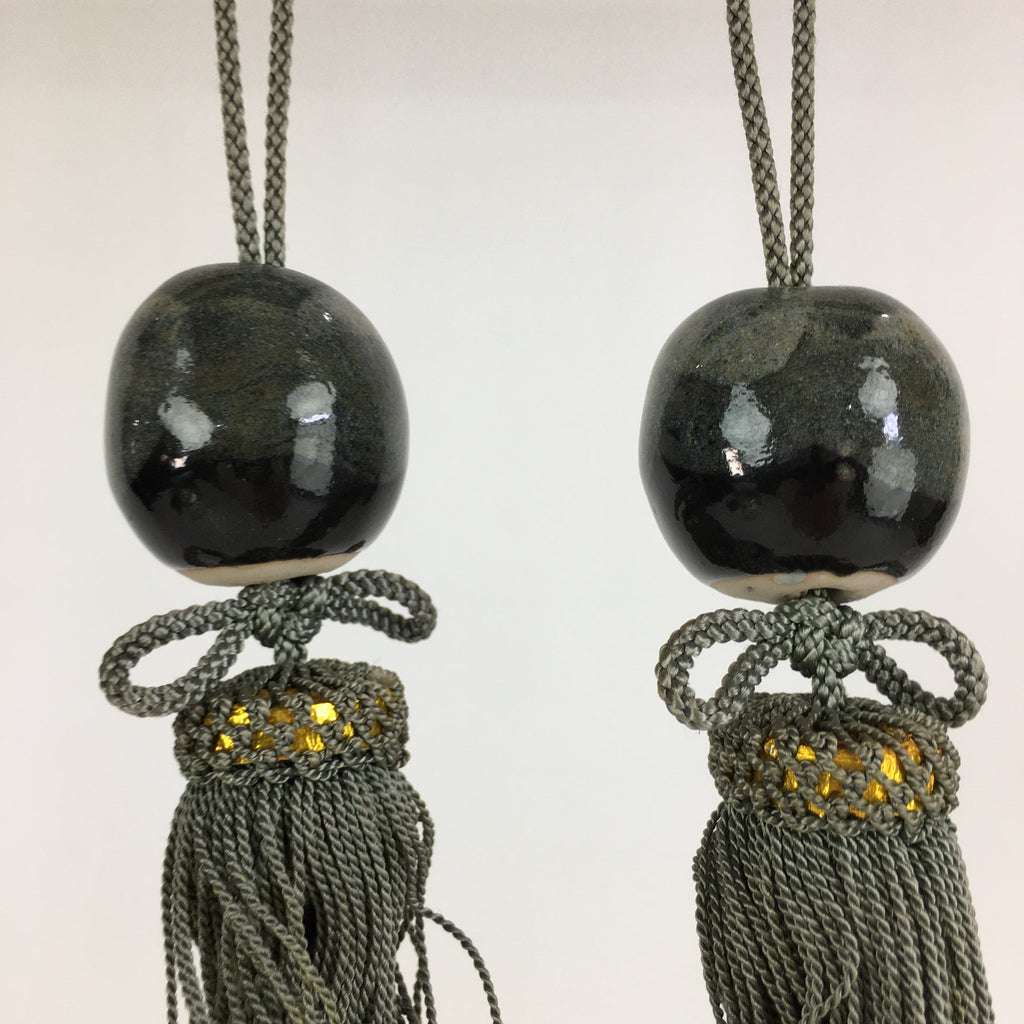 Japanese Hanging Scroll Weights Vtg Fuchin Porcelain Green Tassel FC271