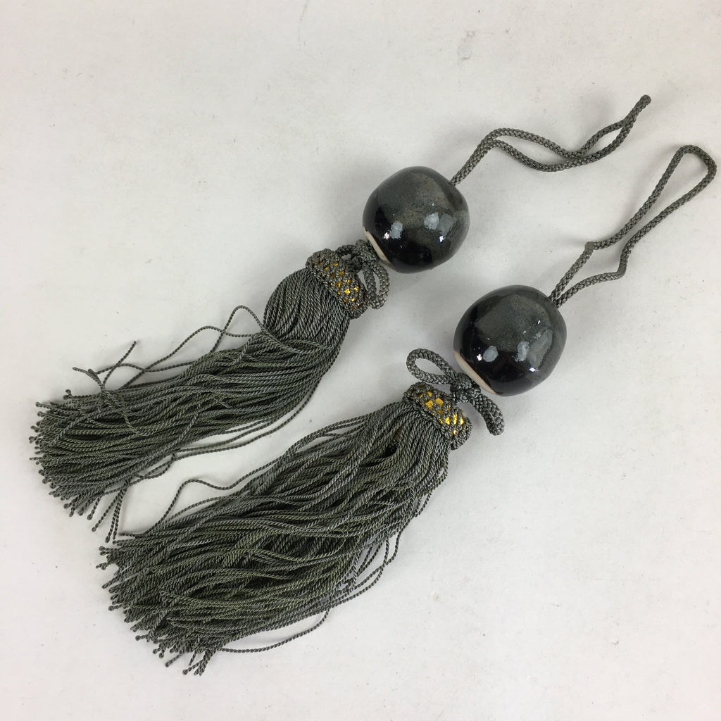 Japanese Hanging Scroll Weights Vtg Fuchin Porcelain Green Tassel FC271
