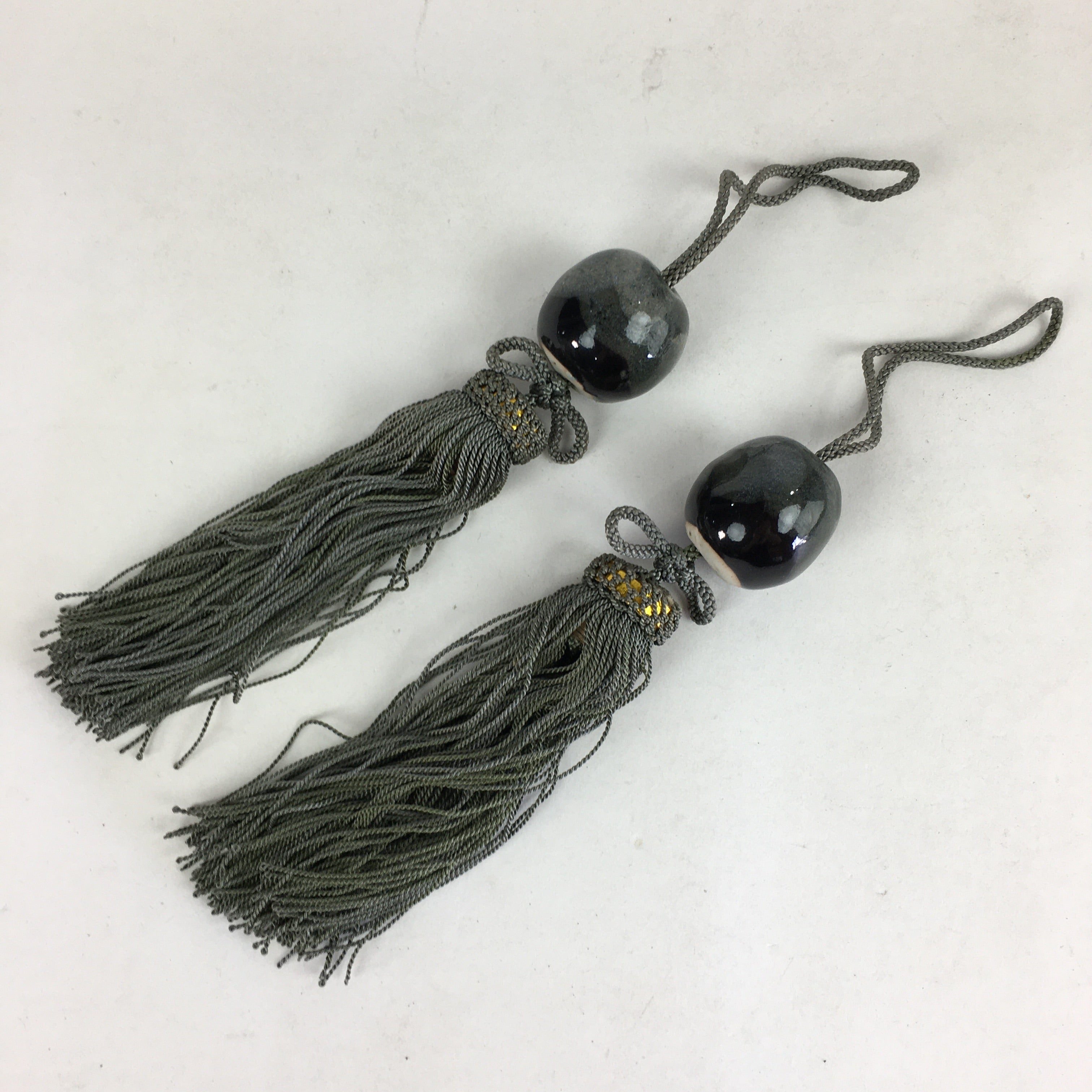 Japanese Hanging Scroll Weights Vtg Fuchin Porcelain Green Tassel FC271