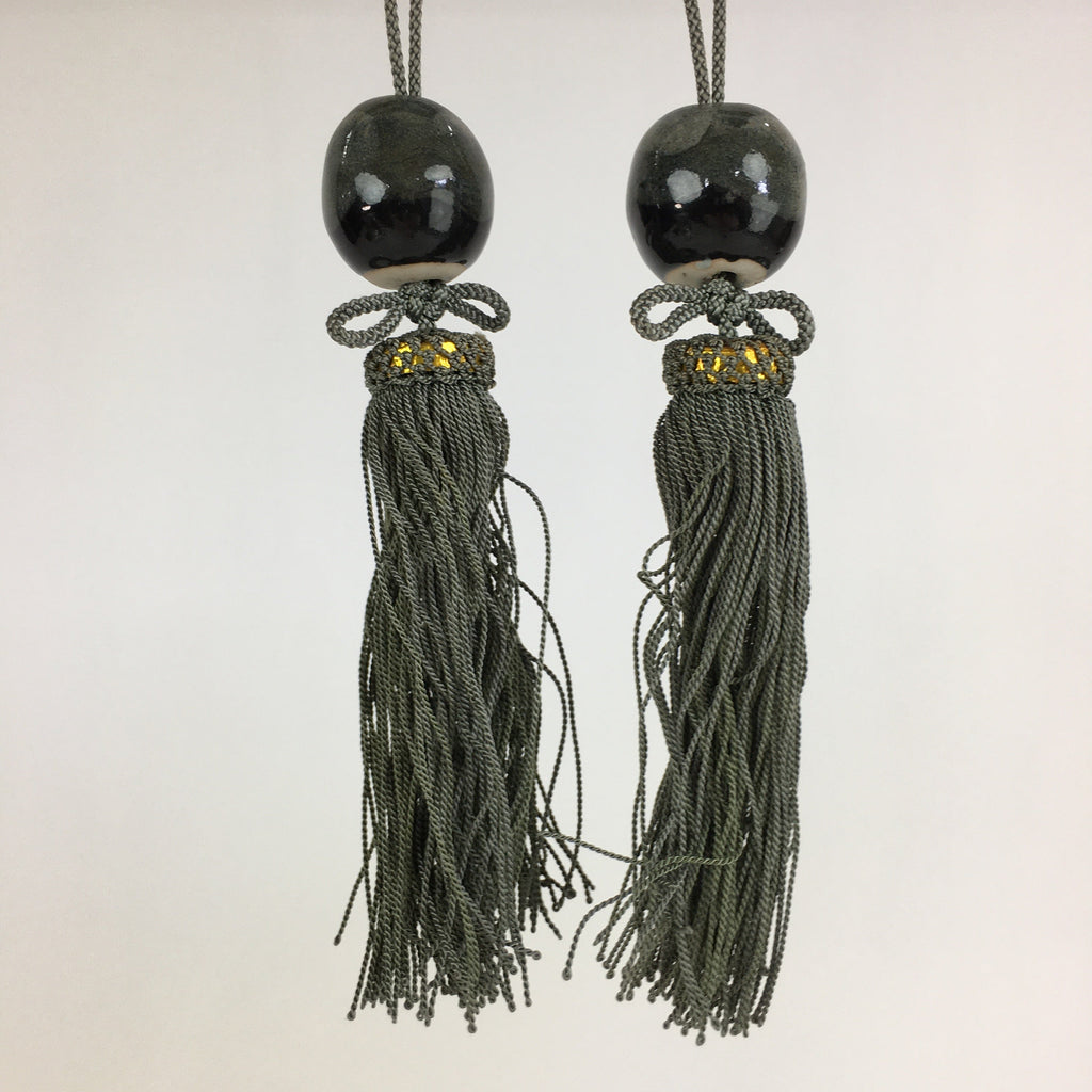 Japanese Hanging Scroll Weights Vtg Fuchin Porcelain Green Tassel FC271