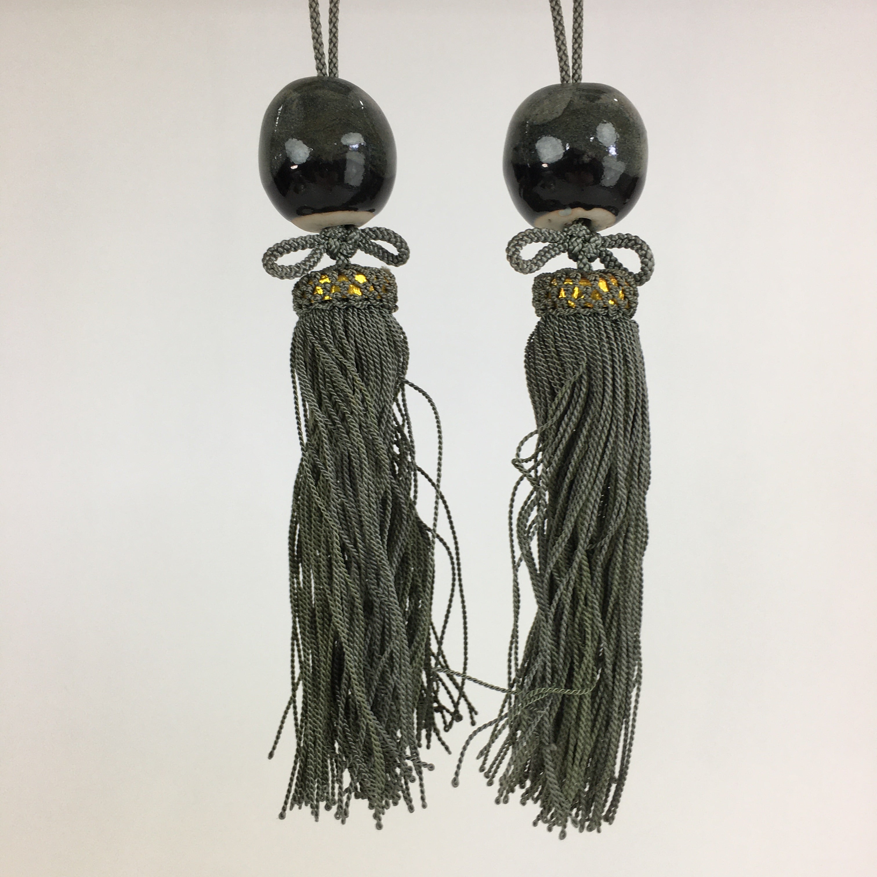 Japanese Hanging Scroll Weights Vtg Fuchin Porcelain Green Tassel FC271