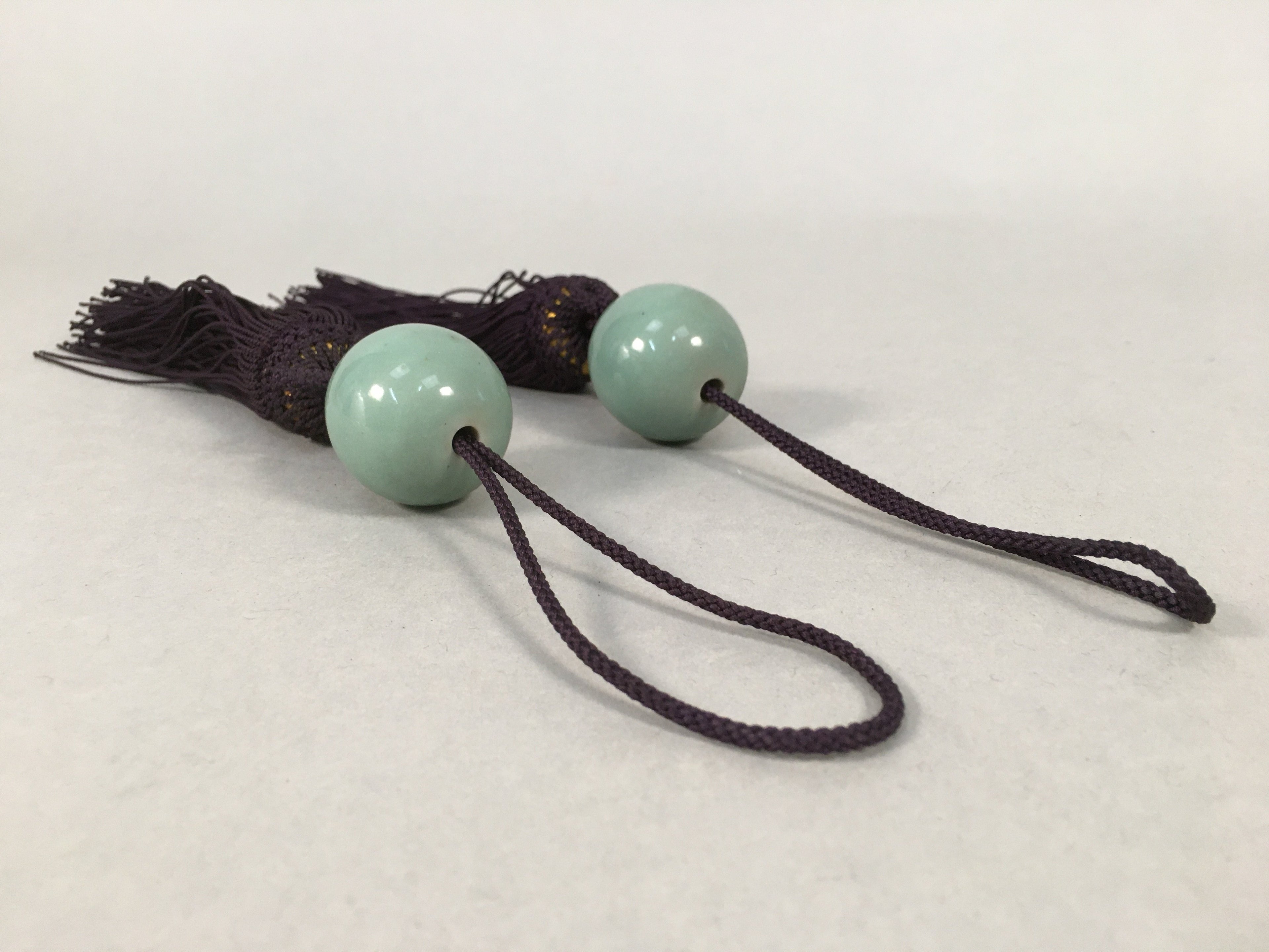 Japanese Hanging Scroll Weights Vtg Fuchin Porcelain Purple Tassel FC265