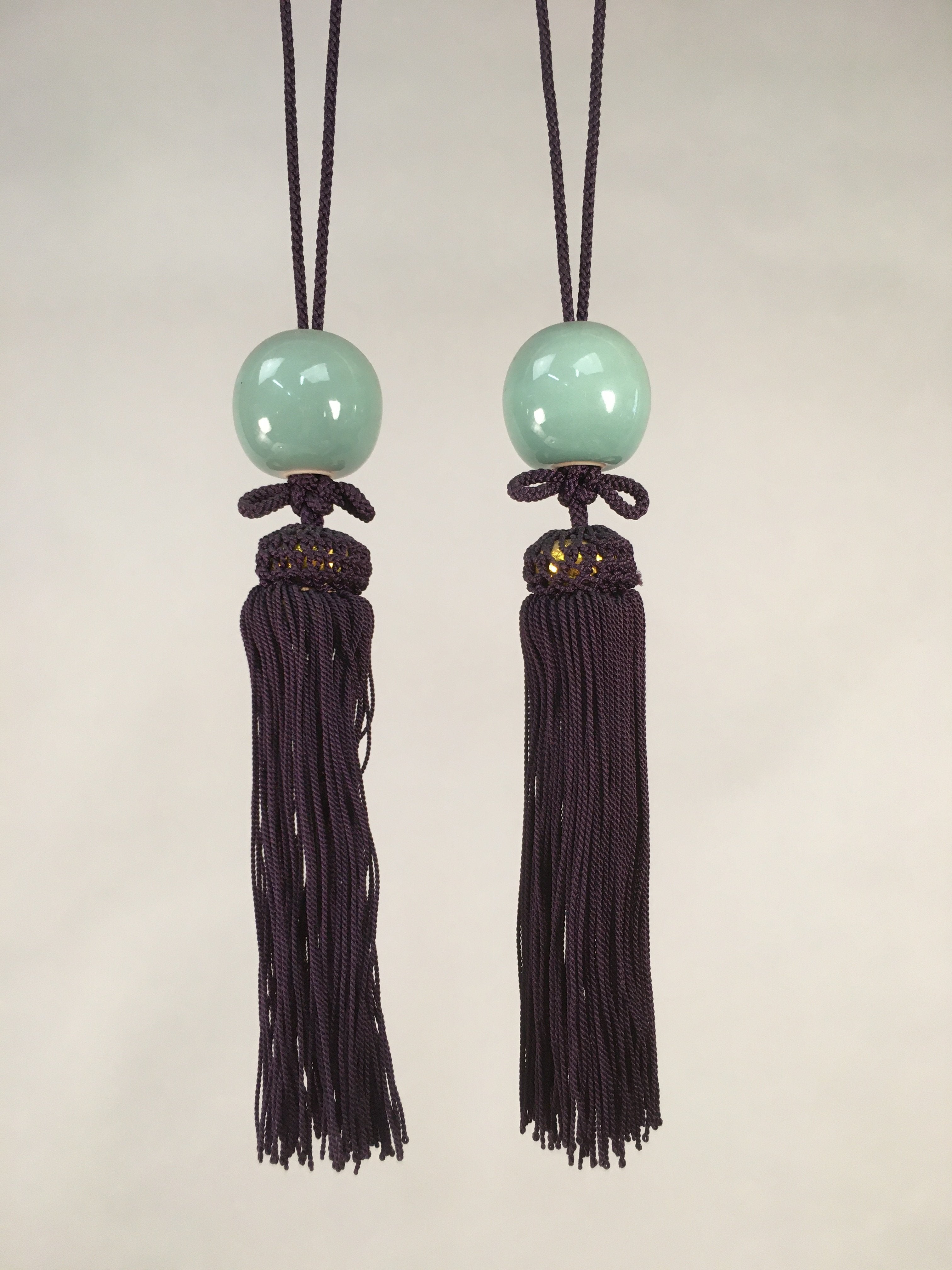 Japanese Hanging Scroll Weights Vtg Fuchin Porcelain Purple Tassel FC265