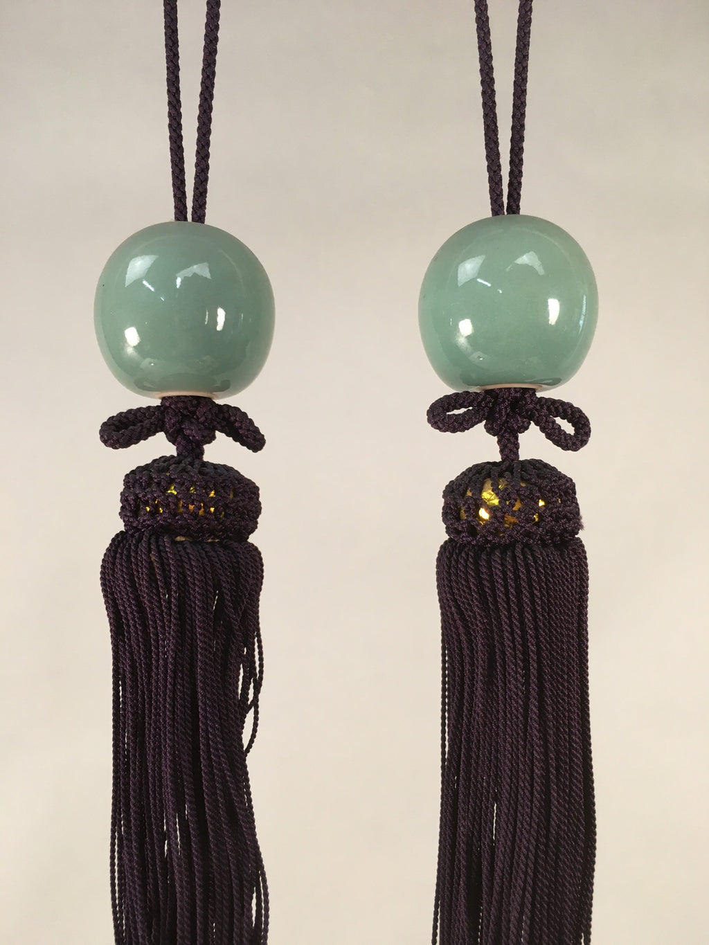 Japanese Hanging Scroll Weights Vtg Fuchin Porcelain Purple Tassel FC265