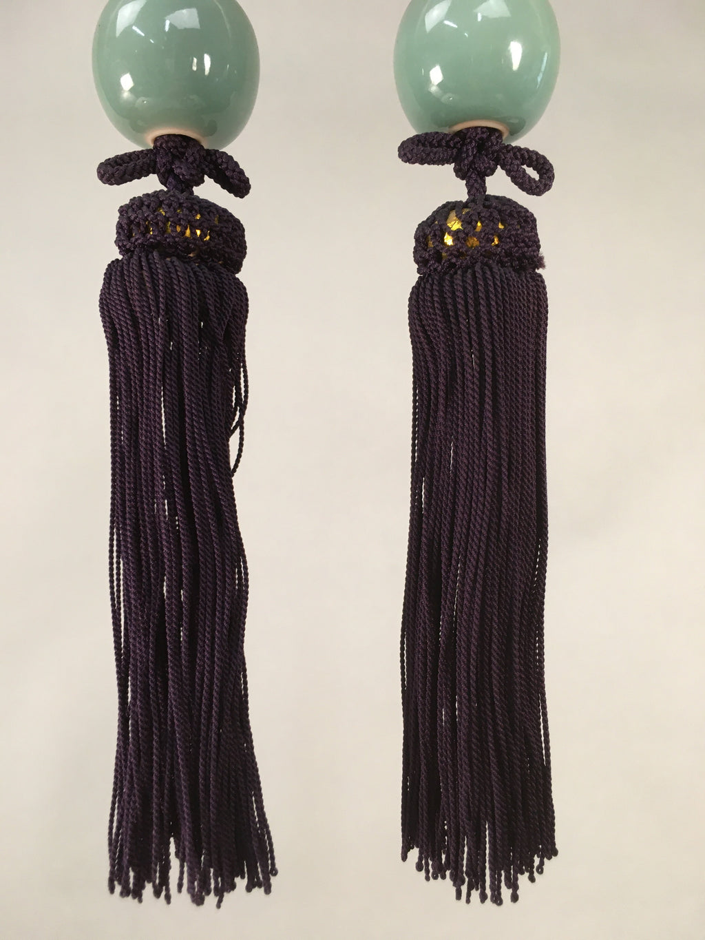 Japanese Hanging Scroll Weights Vtg Fuchin Porcelain Purple Tassel FC265