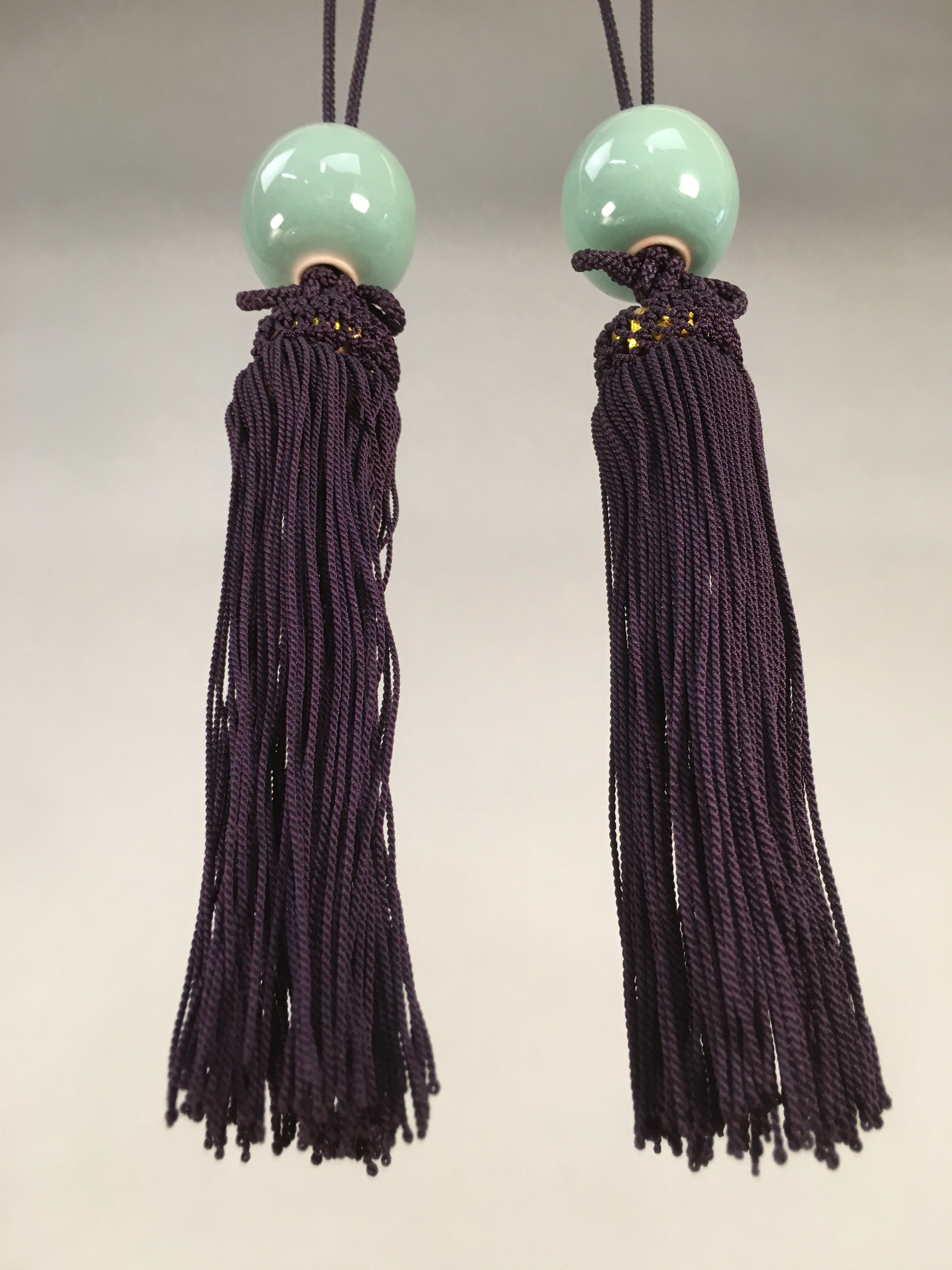 Japanese Hanging Scroll Weights Vtg Fuchin Porcelain Purple Tassel FC265