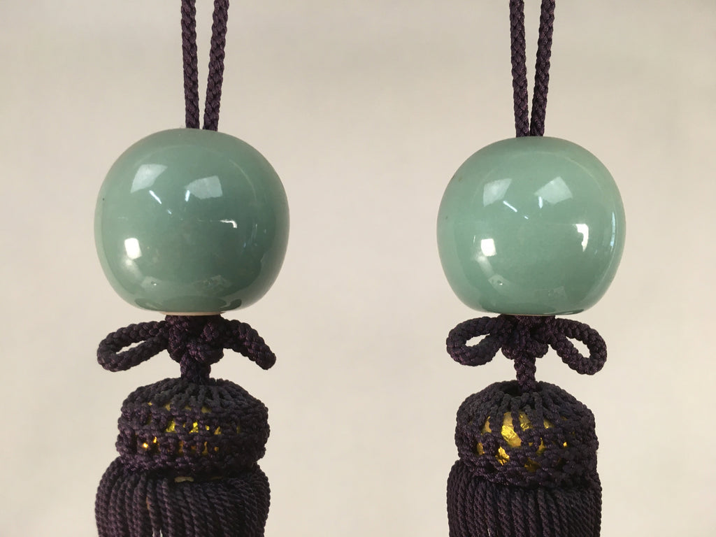 Japanese Hanging Scroll Weights Vtg Fuchin Porcelain Purple Tassel FC265