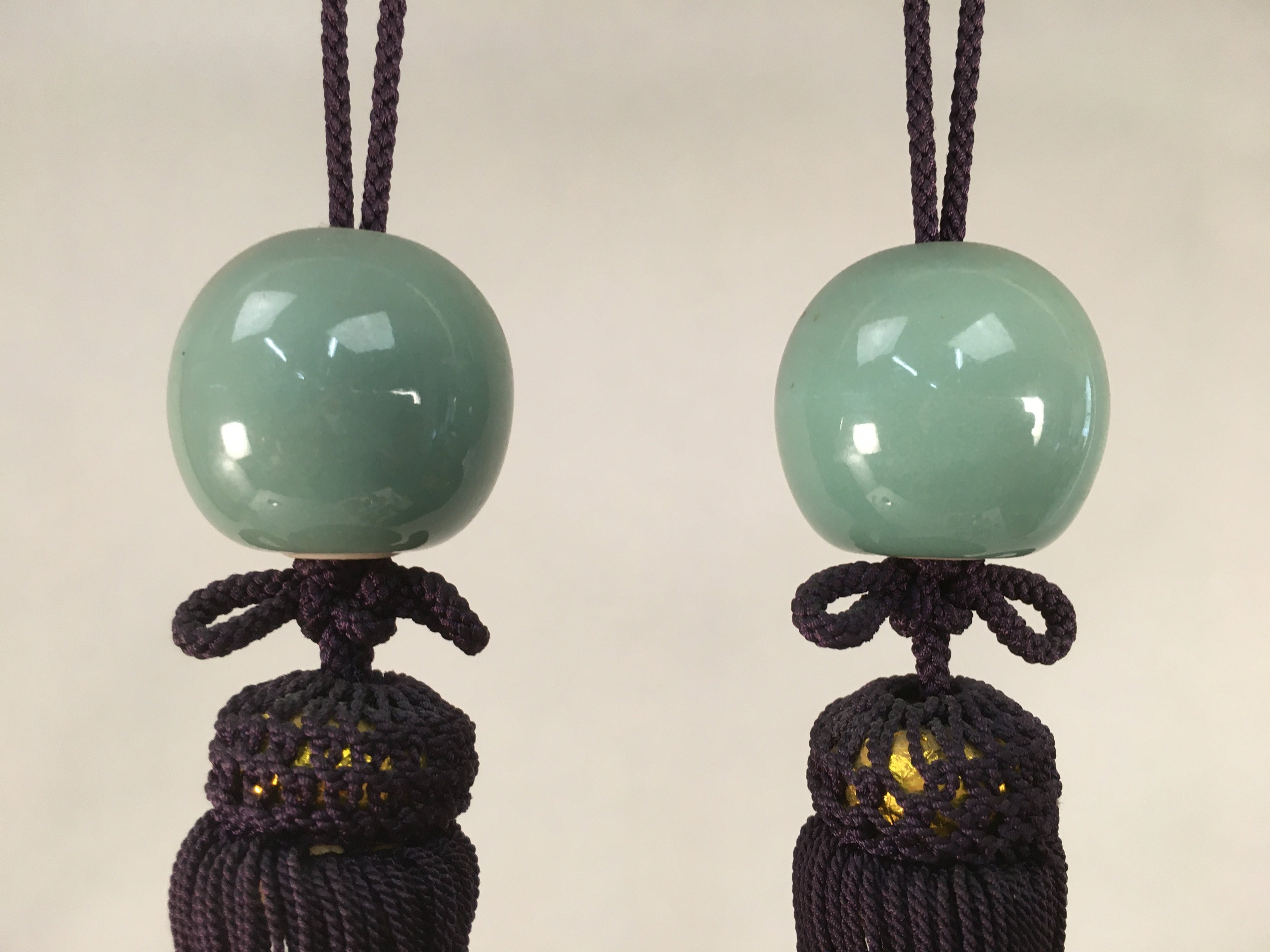 Japanese Hanging Scroll Weights Vtg Fuchin Porcelain Purple Tassel FC265